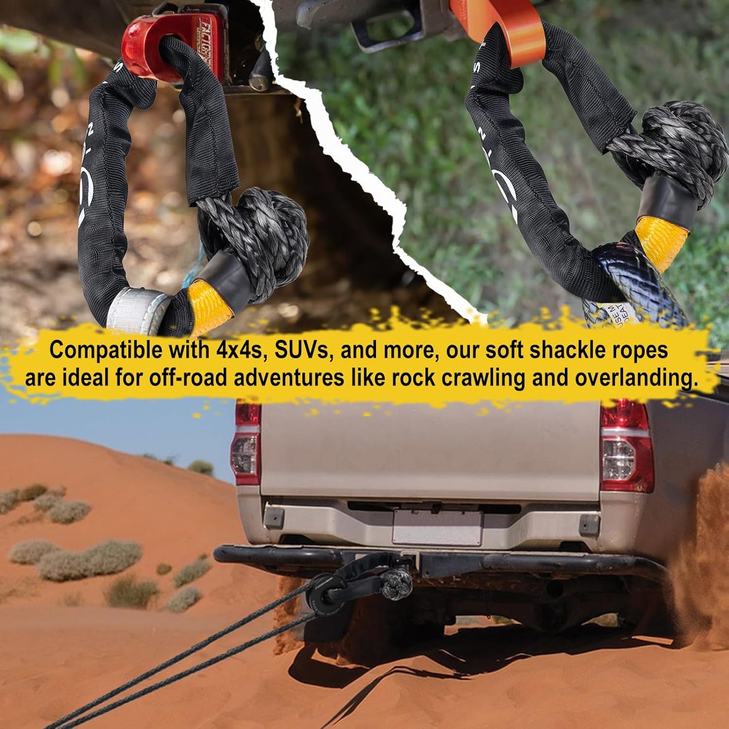 BUNKER INDUST 2Pcs Synthetic Soft Shackles 1/2" x 23" 49,000 LBS Breaking Strength – Winch Recovery Shackle Kit for Off-Road Trucks SUVs ATVs UTVs 4x4 Vehicles