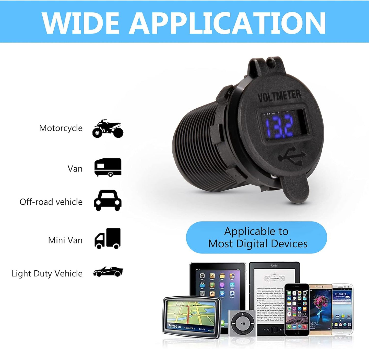BUNKER INDUST Car Charger Socket Quick Charge 3.0QC,Dual Port USB Type C Outlet with Blue LED Digital Voltmeter,Aluminum Power Adapter 12V/24V Waterproof for Boat Marine UTV SUV RV Truck