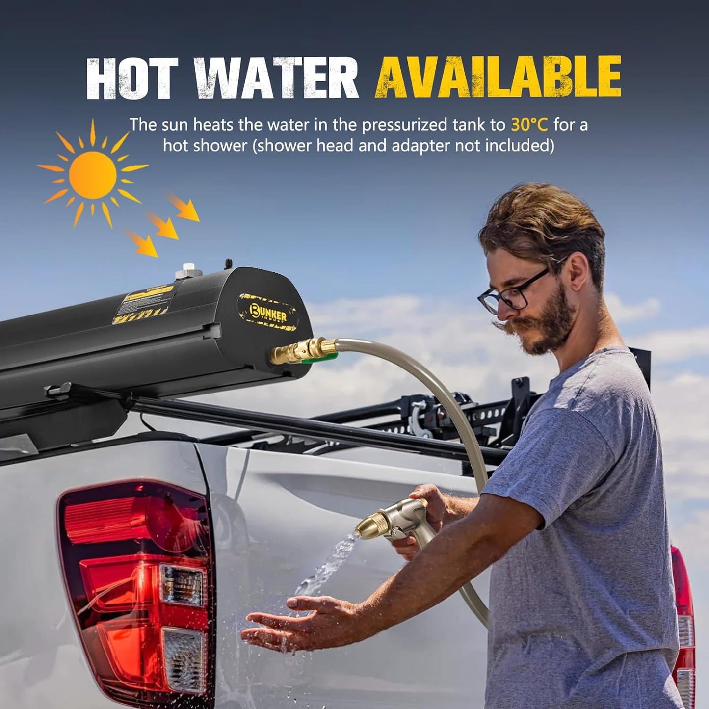 BUNKER INDUST 8 Gallon Portable Pressurized Water Tank with Hose for Camping Showers, Outdoor Activities, Overland Off-Road Vehicles, and Pick-up Trucks