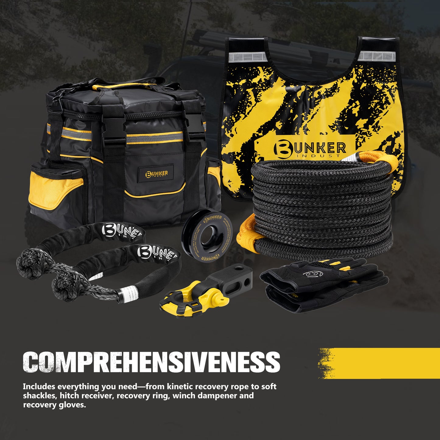 1"×30ft Kinetic Recovery Rope + 2 Soft Shackles + Recovery Ring+ Shackle Hitch Receiver + Winch Dampener+ Gloves+ Carry Bag