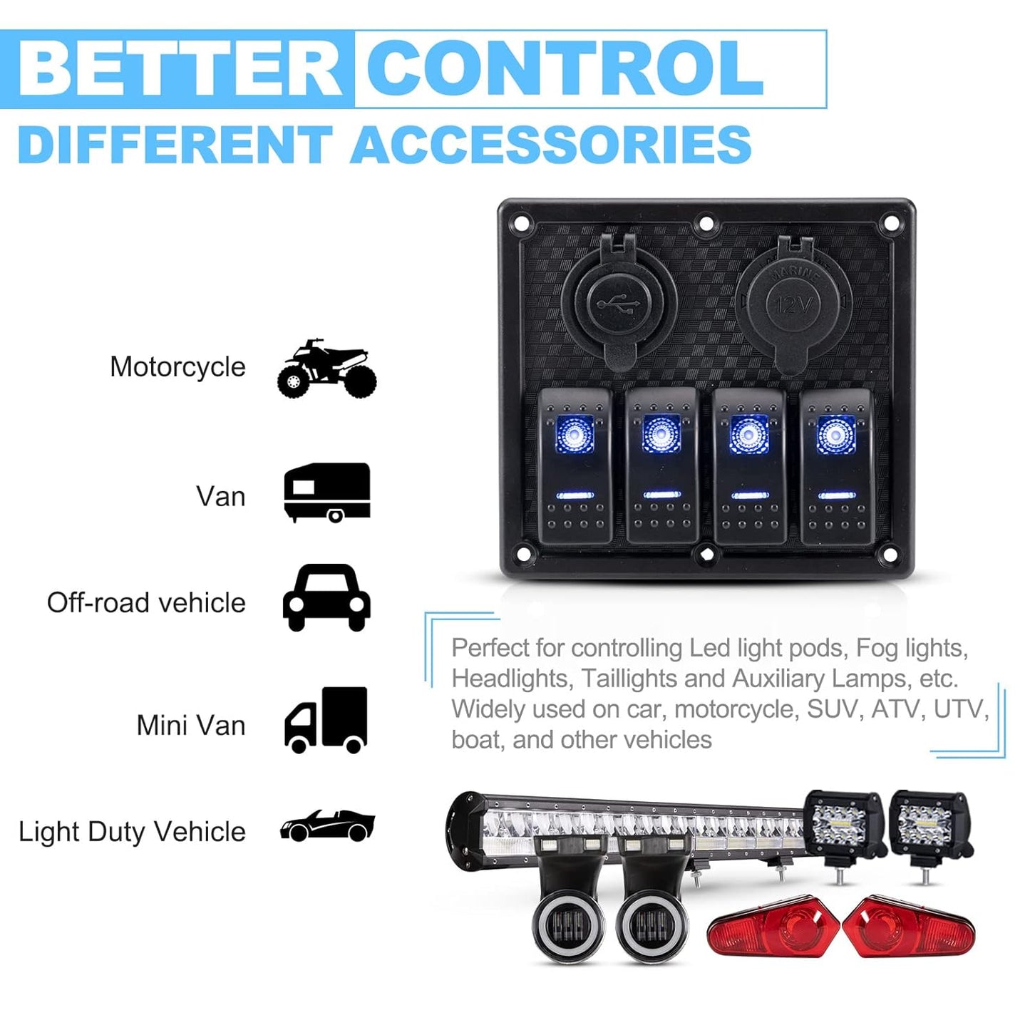 BUNKER INDUST 4 Gang Rocker Switch Aluminum Panel with Dual USB Port Charger Socket & Cigarette Lighter Socket Blue LED Light Waterproof On Off Toggle Switch for 12V/24V DC Marine Boat Truck Car ATVs