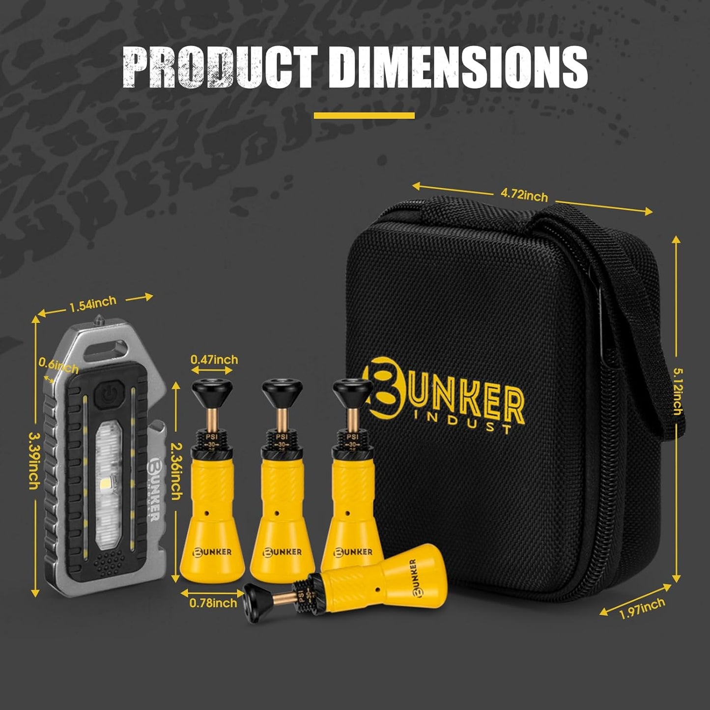 BUNKER INDUST Adjustable Auto-Stop Offroad Tire Deflator Kit with 4 Tire Valves (10-30 PSI), Multifunctional LED Light, Safety Whistle, Bottle Opener & Carry Case