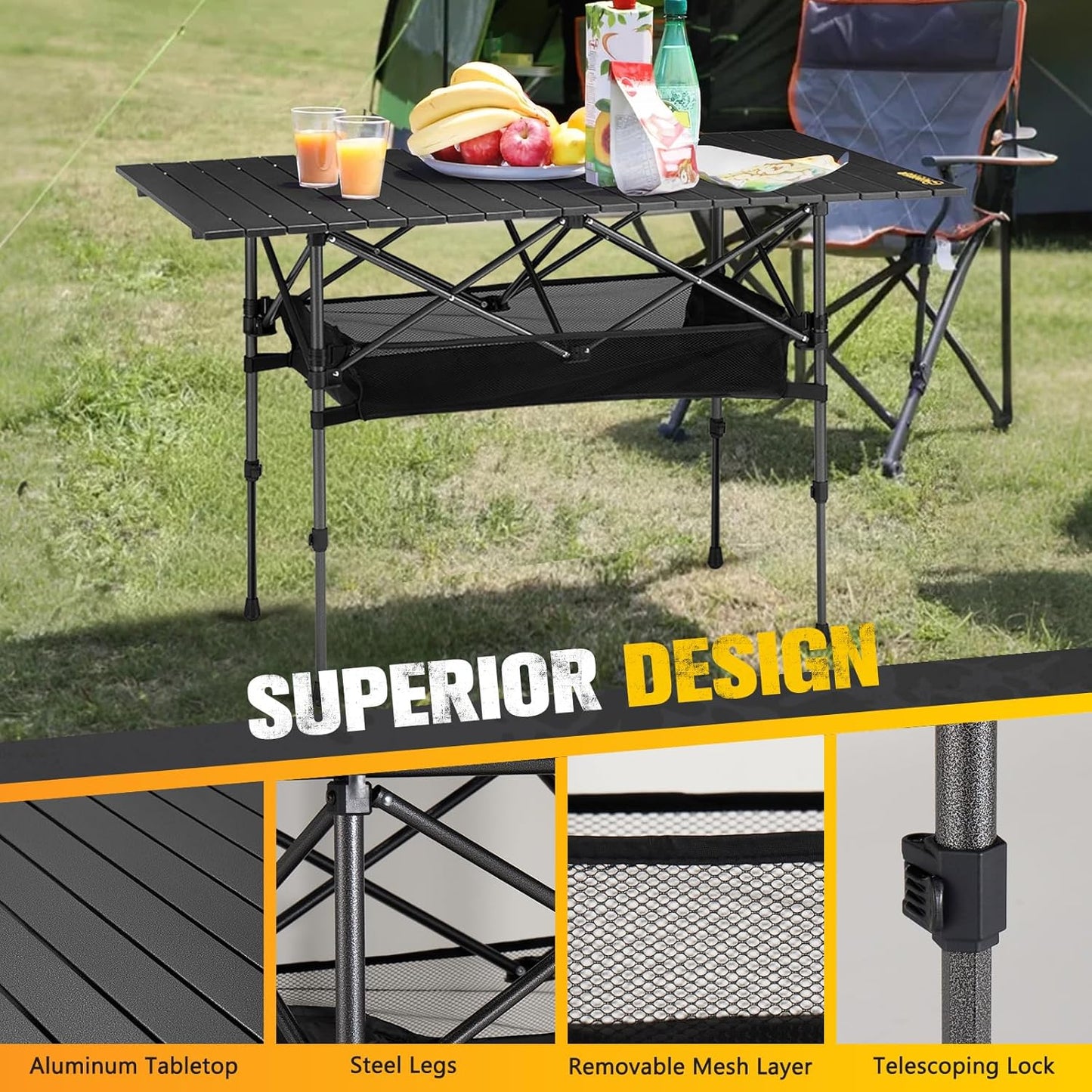 BUNKER INDUST Folding Camping Table Roll-Top Aluminum Portable Outdoor with Carry Bag Adjustable Height for Picnic Beach BBQ Backyards