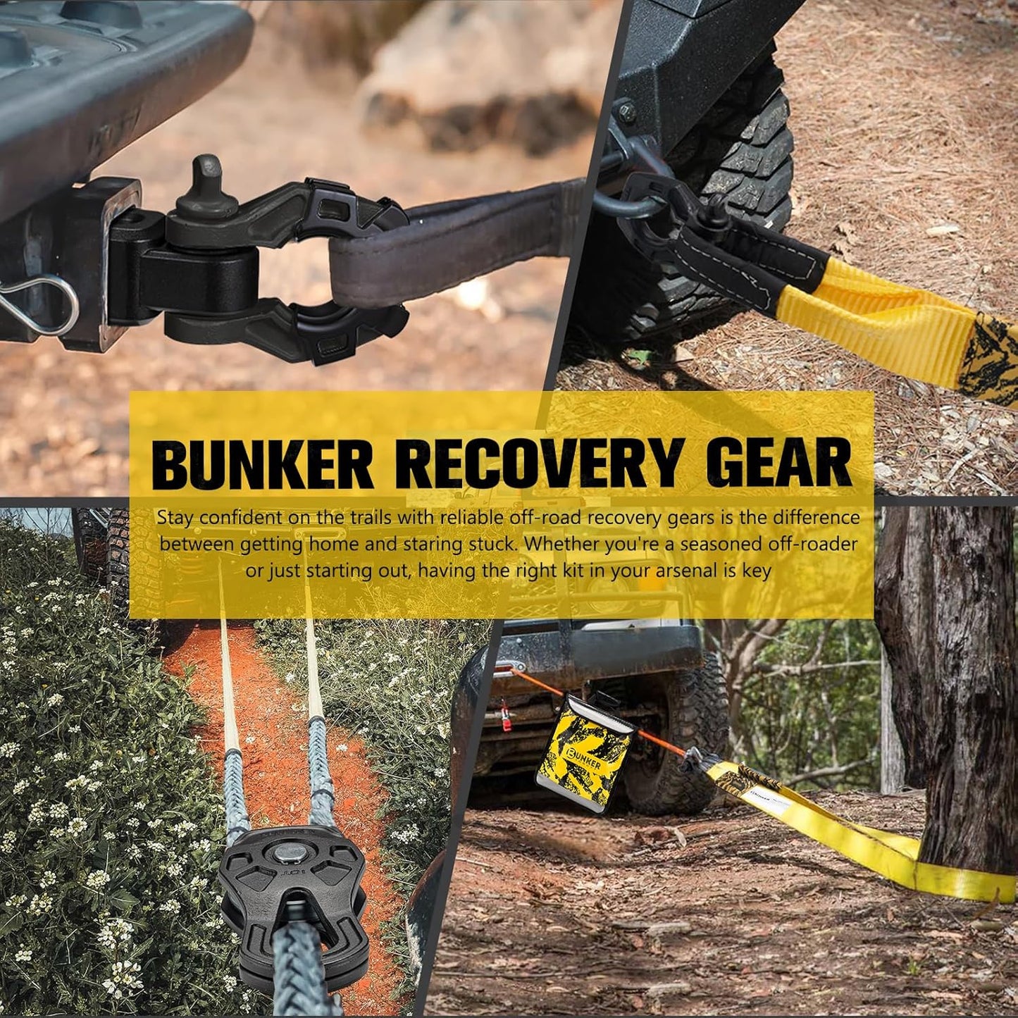BUNKER INDUST Off Road Recovery Kit with 30ft & 10ft Tow Straps, Snatch Block, D-Ring Shackles, Shackle Receiver, Gloves, Winch Dampener Bag for Trucks, SUVs, ATVs
