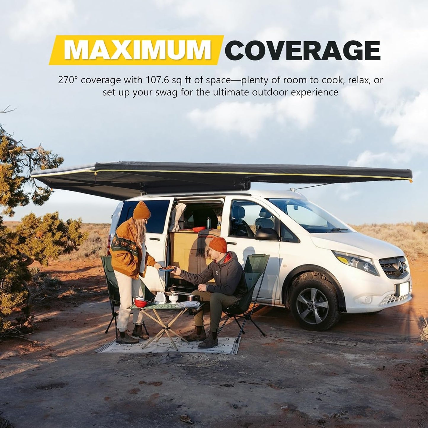 BUNKER INDUST 270 Degree Awning Free Standing with 3-Color LED Lighting, Passenger-Side Mount, Waterproof & Wind Resistant for SUV Van Truck Camper