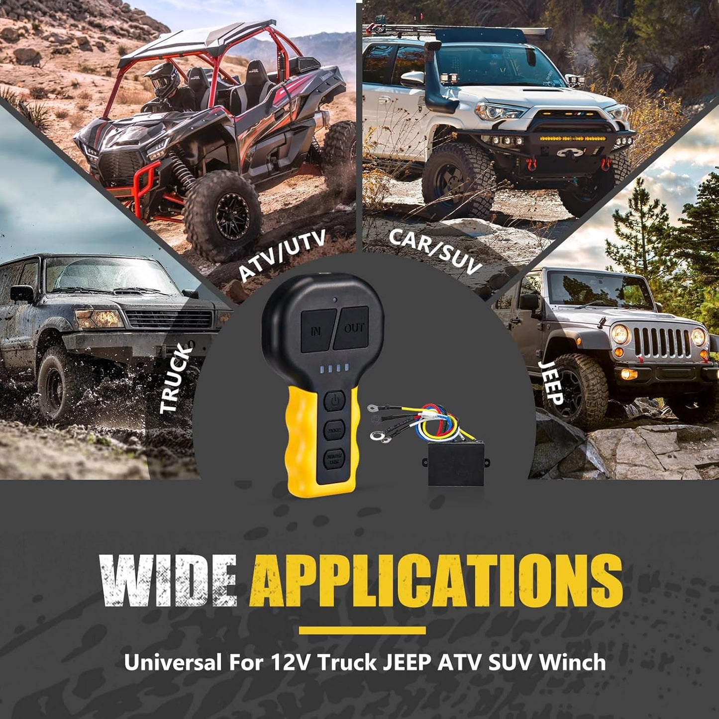 BUNKER INDUST 12V Wireless Winch Remote Control Switch Receiver Kit for Truck, Jeep, ATV, SUV with Built-in LED Lights for Night-time Recovery