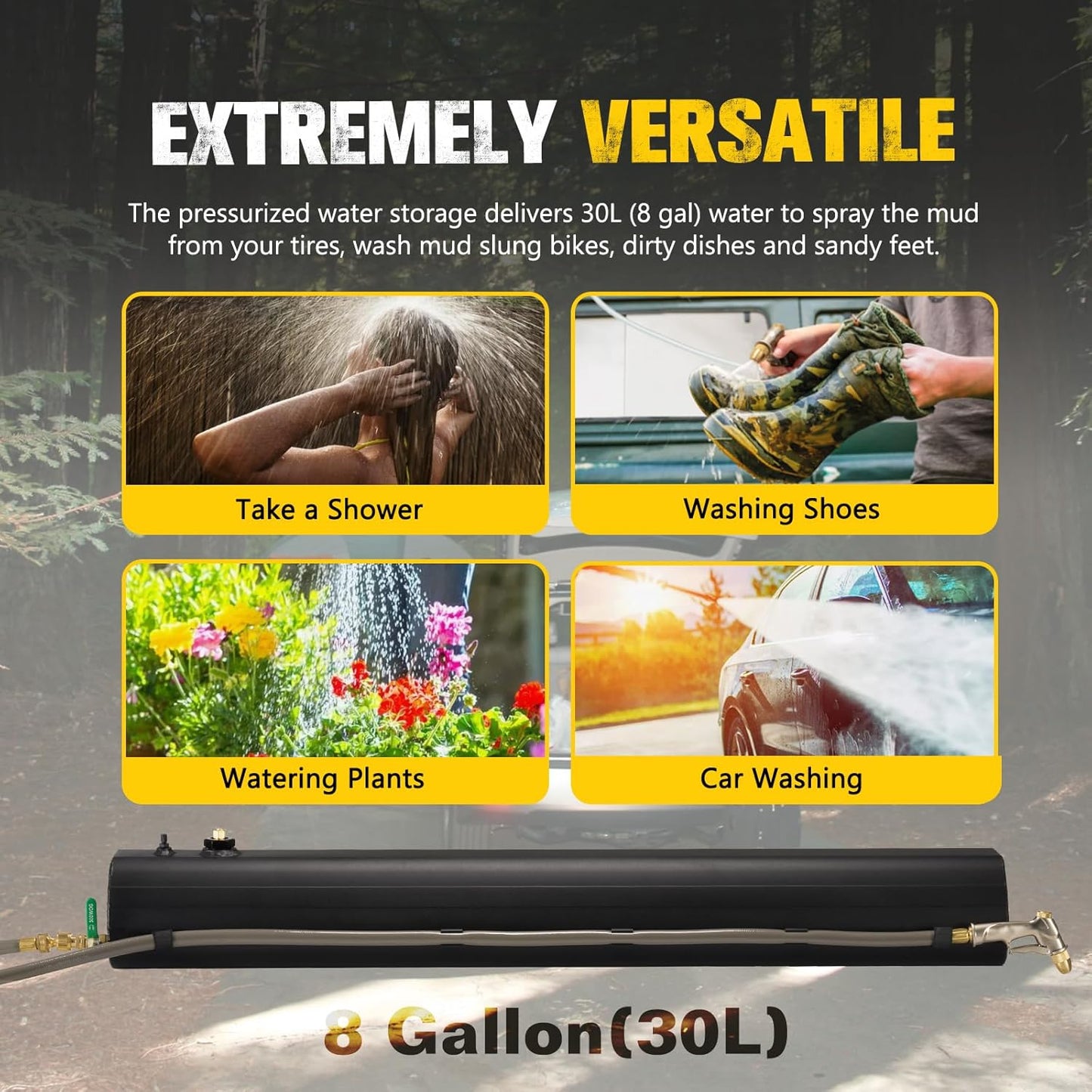 BUNKER INDUST 8 Gallon Portable Pressurized Water Tank with Hose for Camping Showers, Outdoor Activities, Overland Off-Road Vehicles, and Pick-up Trucks