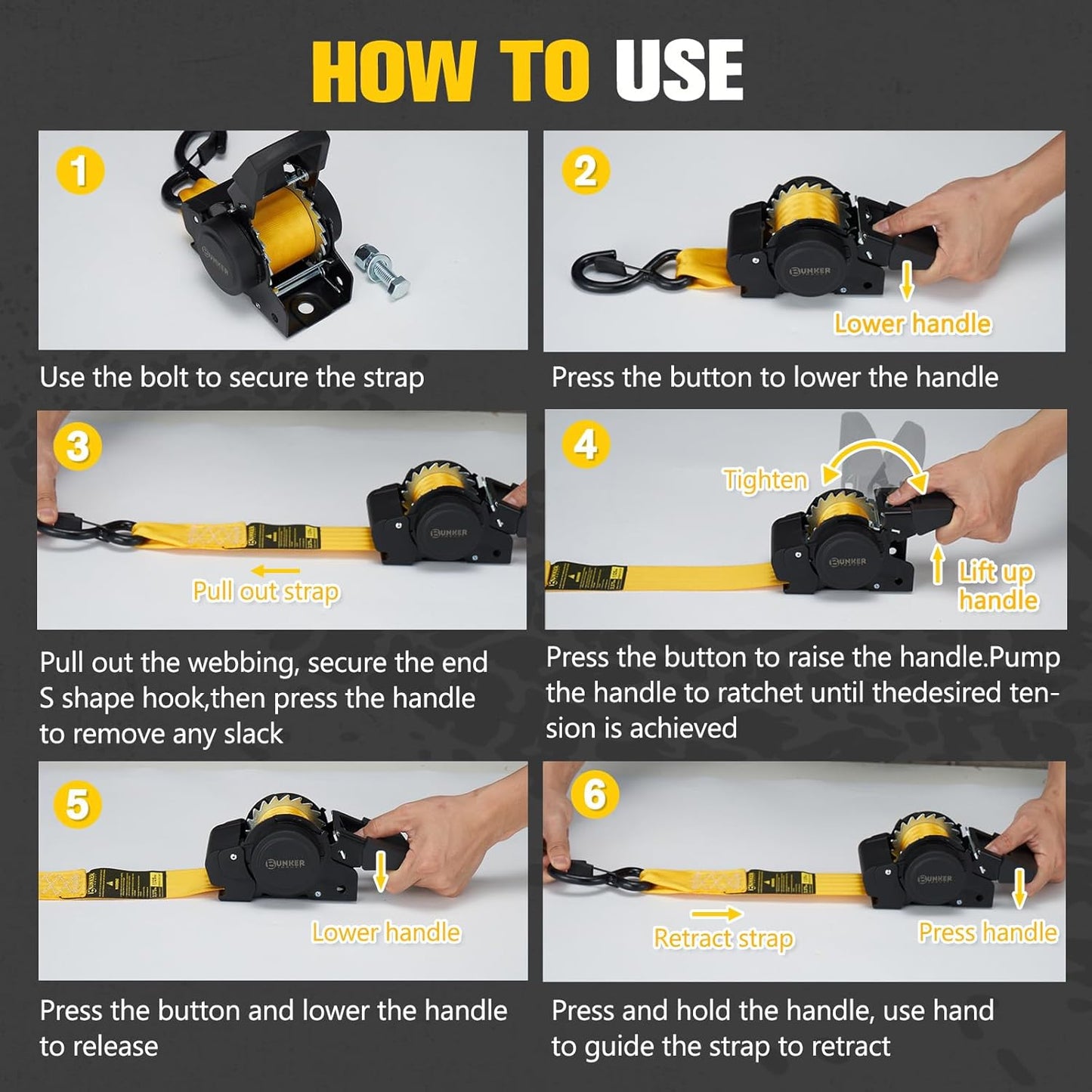 BUNKER INDUST Retractable Ratchet Straps 1" x 10', 2 Pack Bolt-On Tie Down Straps with Safety S-Hooks, Auto Self-Retracting Cargo Straps 1,530 lbs Break Strength for Boat, Trailer, Truck, ATV, UTV