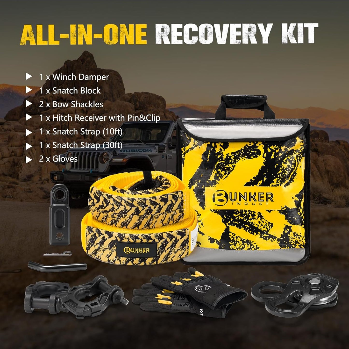 BUNKER INDUST Off Road Recovery Kit with 30ft & 10ft Tow Straps, Snatch Block, D-Ring Shackles, Shackle Receiver, Gloves, Winch Dampener Bag for Trucks, SUVs, ATVs