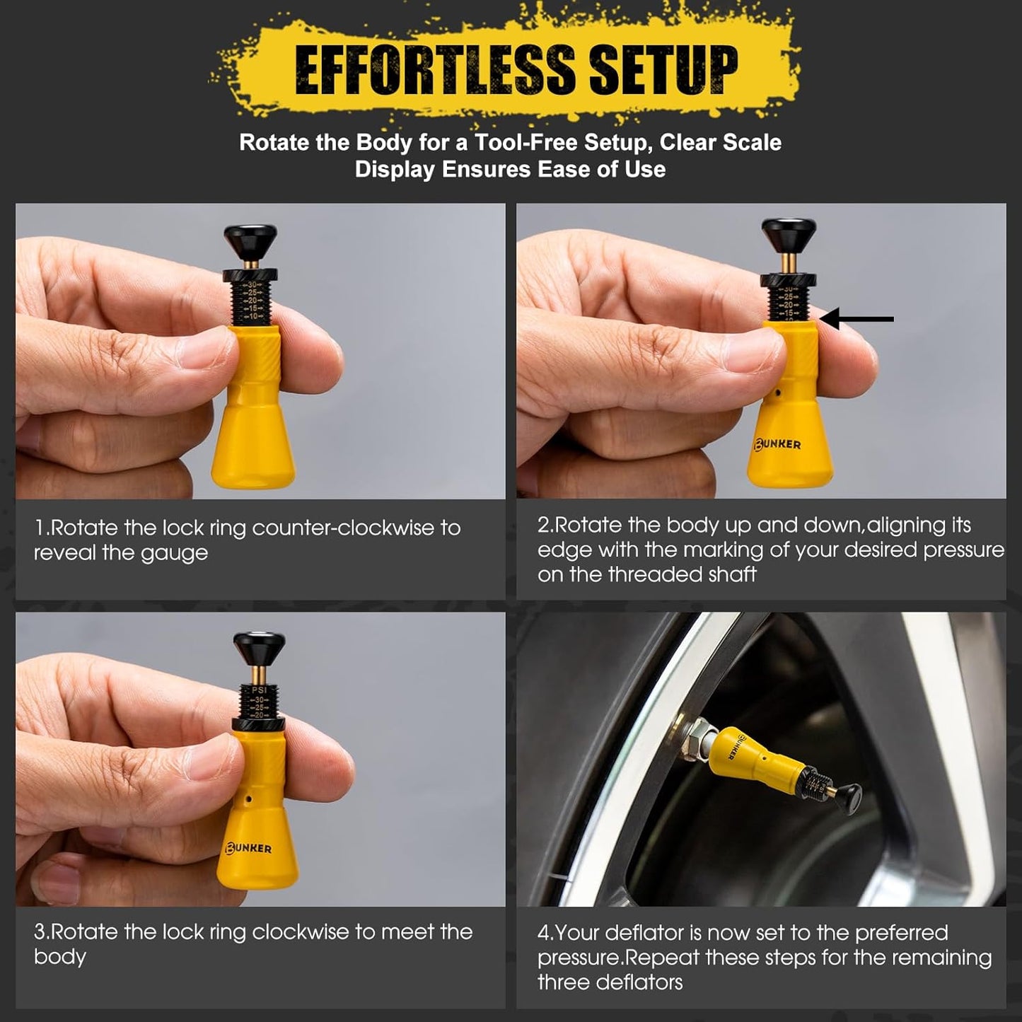 BUNKER INDUST Adjustable Auto-Stop Offroad Tire Deflator Kit with 4 Tire Valves (10-30 PSI), Multifunctional LED Light, Safety Whistle, Bottle Opener & Carry Case