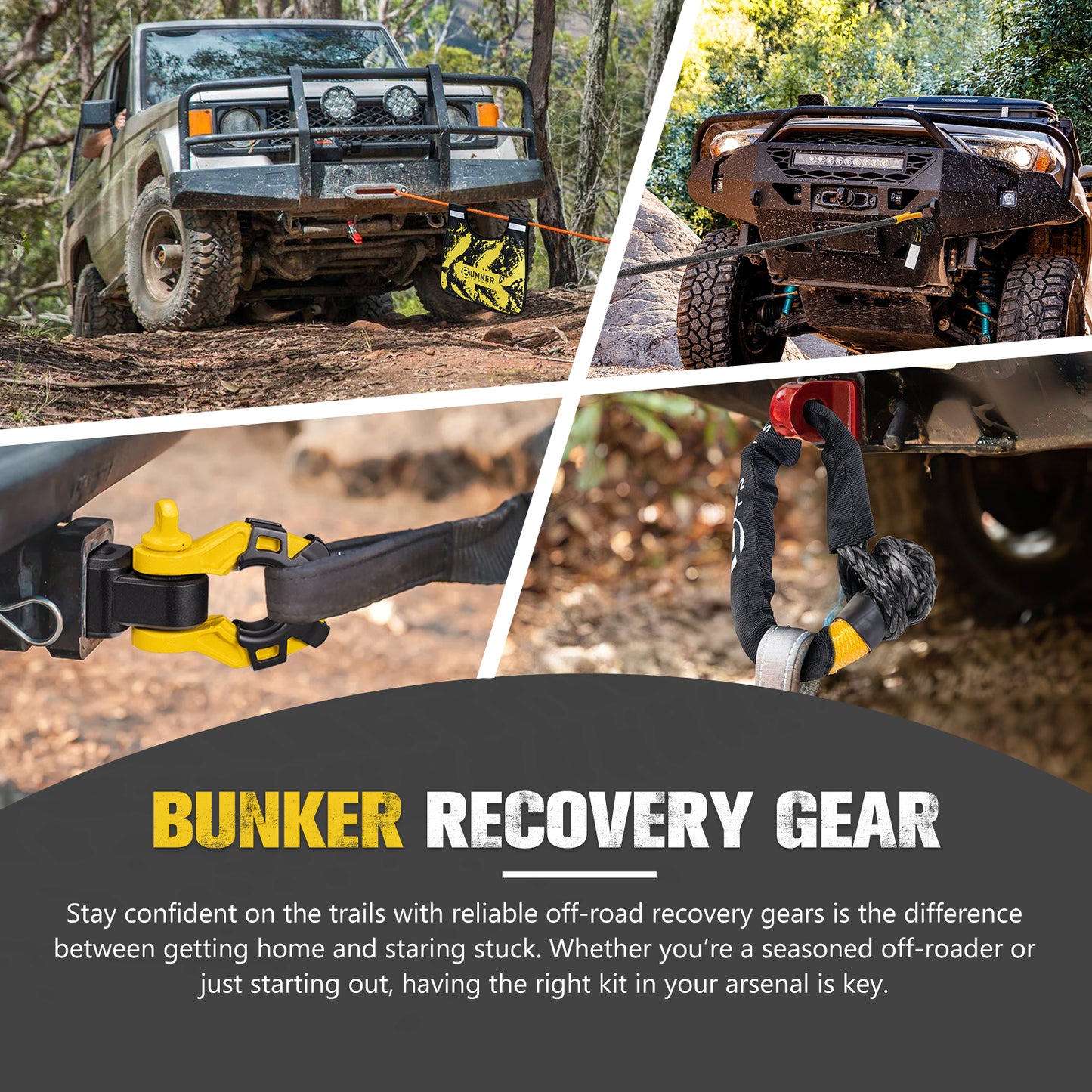 1"×30ft Kinetic Recovery Rope + 2 Soft Shackles + Recovery Ring+ Shackle Hitch Receiver + Winch Dampener+ Gloves+ Carry Bag