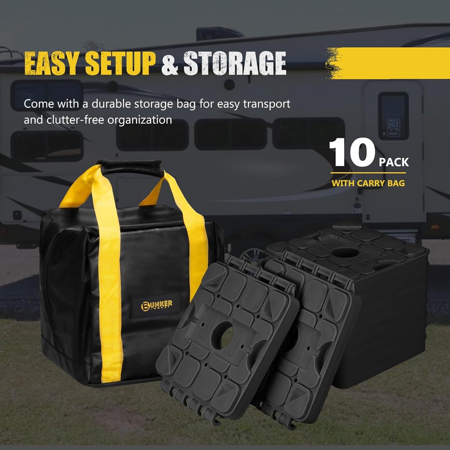 BUNKER INDUST RV Leveling Blocks/Stackable Jack Blocks/Interlocking Design for Customizable Recovery Boards, 10 Pack Multifunctional Wheels Stabilizer Blocks with Bag