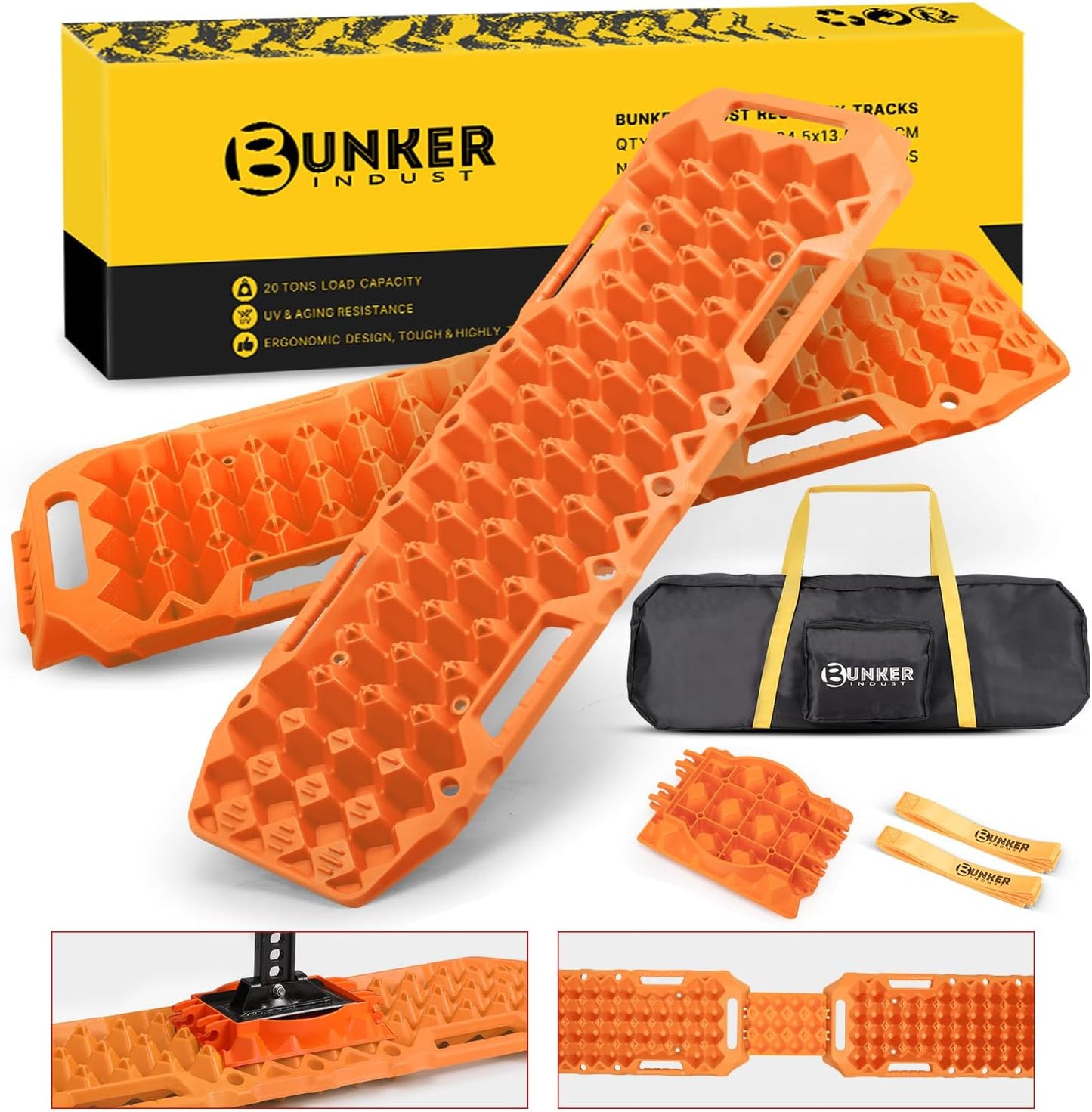 BUNKER INDUST Off-Road Traction Boards with Jack Lift Base,2 Pcs Multifunctional Recovery Track Ramp Traction Mat for 4WD UTV SUV Truck-Mud, Sand, Snow Tire Traction Devices Black with Carry Bag