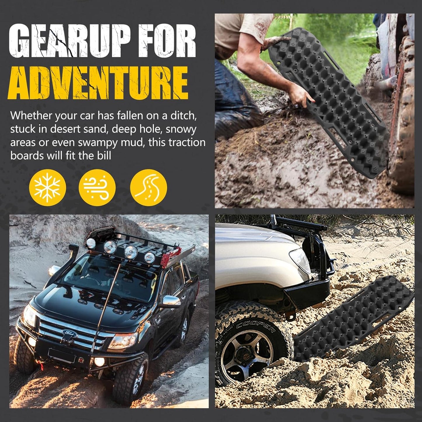 BUNKER INDUST Off Road Traction Boards, Pair Recovery Tracks Traction Mat for Vehicle Truck Jeep SUV, Mud, Snow, Sand Ramp-Orange Emergency Tire Traction Pads (Gen 10th)