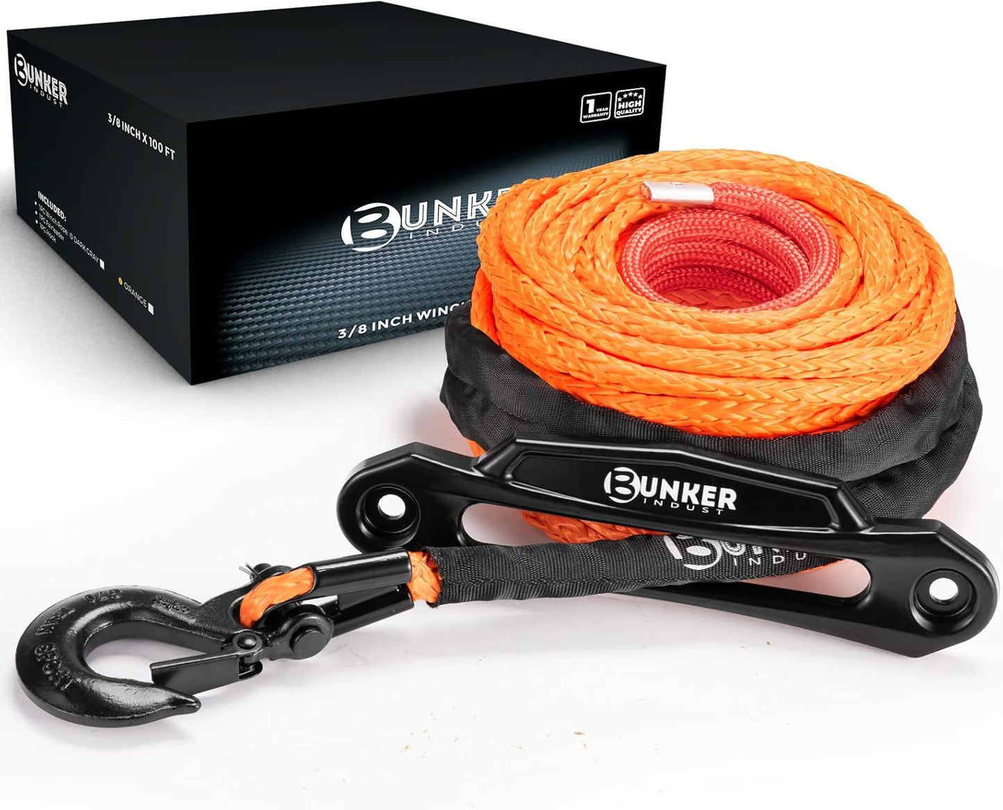 BUNKER INDUST Synthetic Winch Rope Kit,3/8" x 100' 23809LBS Winch Line Cable Replacement with Protective Sleeve+Winch Fairlead+Hook for 4WD Off Road Vehicle Jeep Truck ATV UTV SUV(Black)