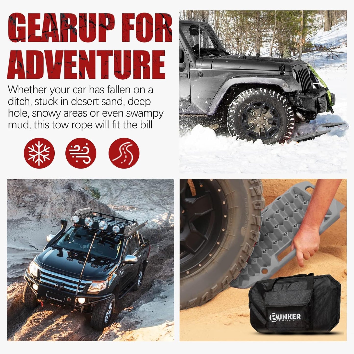 BUNKER INDUST Offroad Traction Boards with Jack Base,Multifunctional Extendable Recovery Track Tire Traction Mat Snow Mud Sand Tracks-4X4 ATV UTV SUV Truck Traction Pads with Bag, Black (Gen 8)