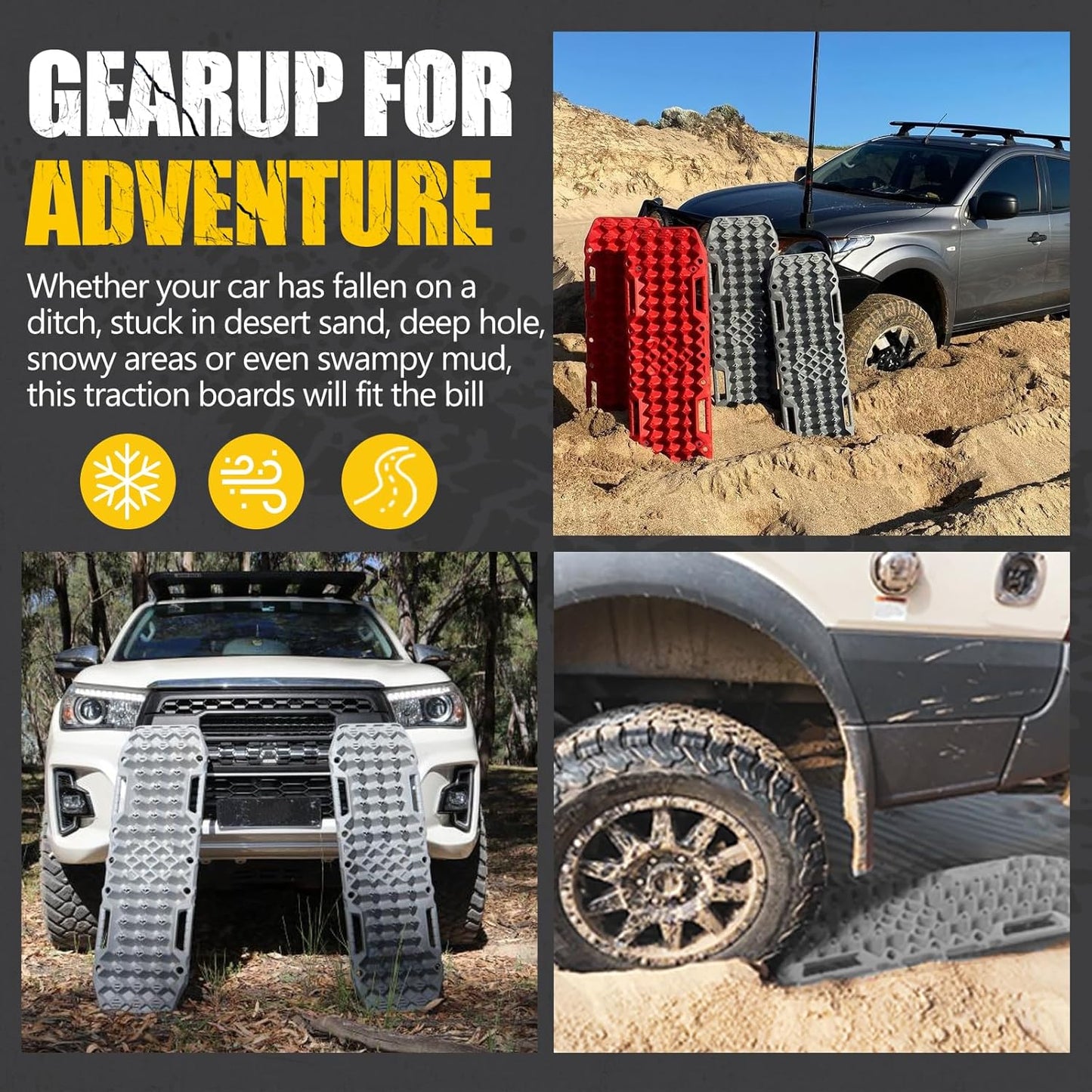 BUNKER INDUST Off-Road Traction Boards with Jack Base,Pair Recovery Track 4X4 Jeep Truck Emergency Tire Traction Mat with Bag -Sand, Mud, Snow Tracks Black Traction Pad (Gen 7th)