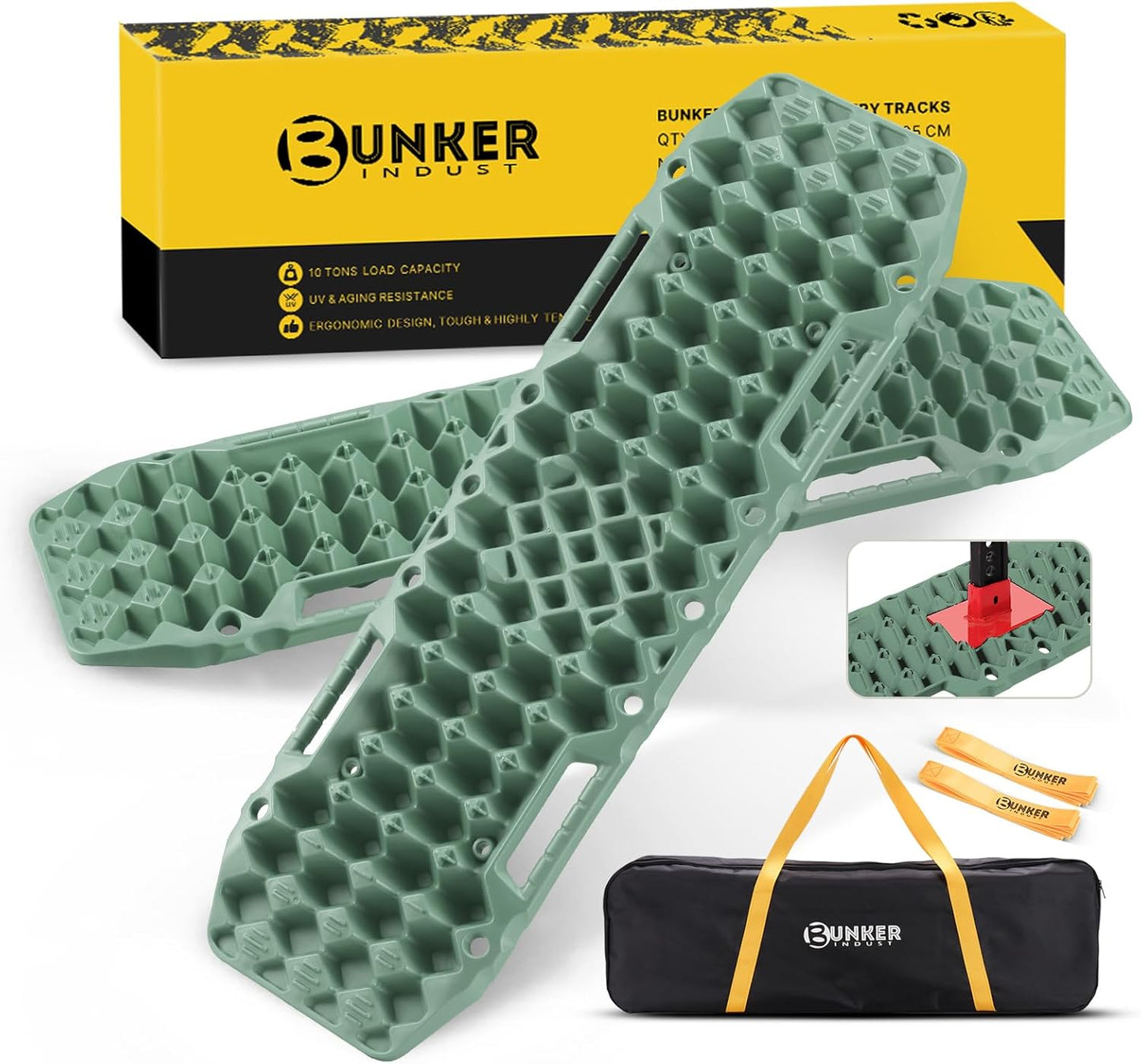 BUNKER INDUST Off-Road Traction Boards with Jack Base,Pair Recovery Track 4X4 Jeep Truck Emergency Tire Traction Mat with Bag -Sand, Mud, Snow Tracks Blue Traction Pad (Gen 7th)