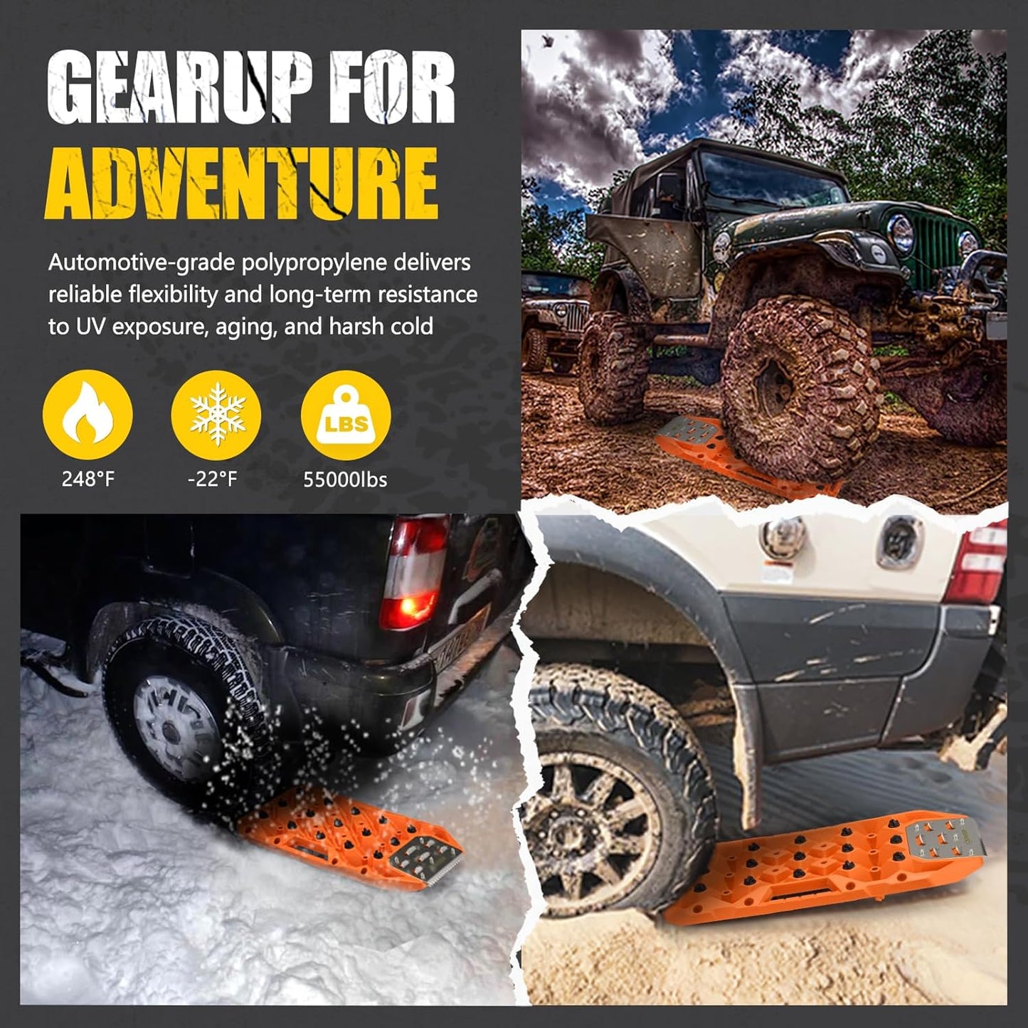 BUNKER INDUST Offroad Traction Boards with Jack Base, Pair Portable Recovery Track Tire Traction Mat - Black Sand,Mud,Snow Tracks(Replaceable Dual Colors Teeth/Rugged Steel Plate), Gen 12th