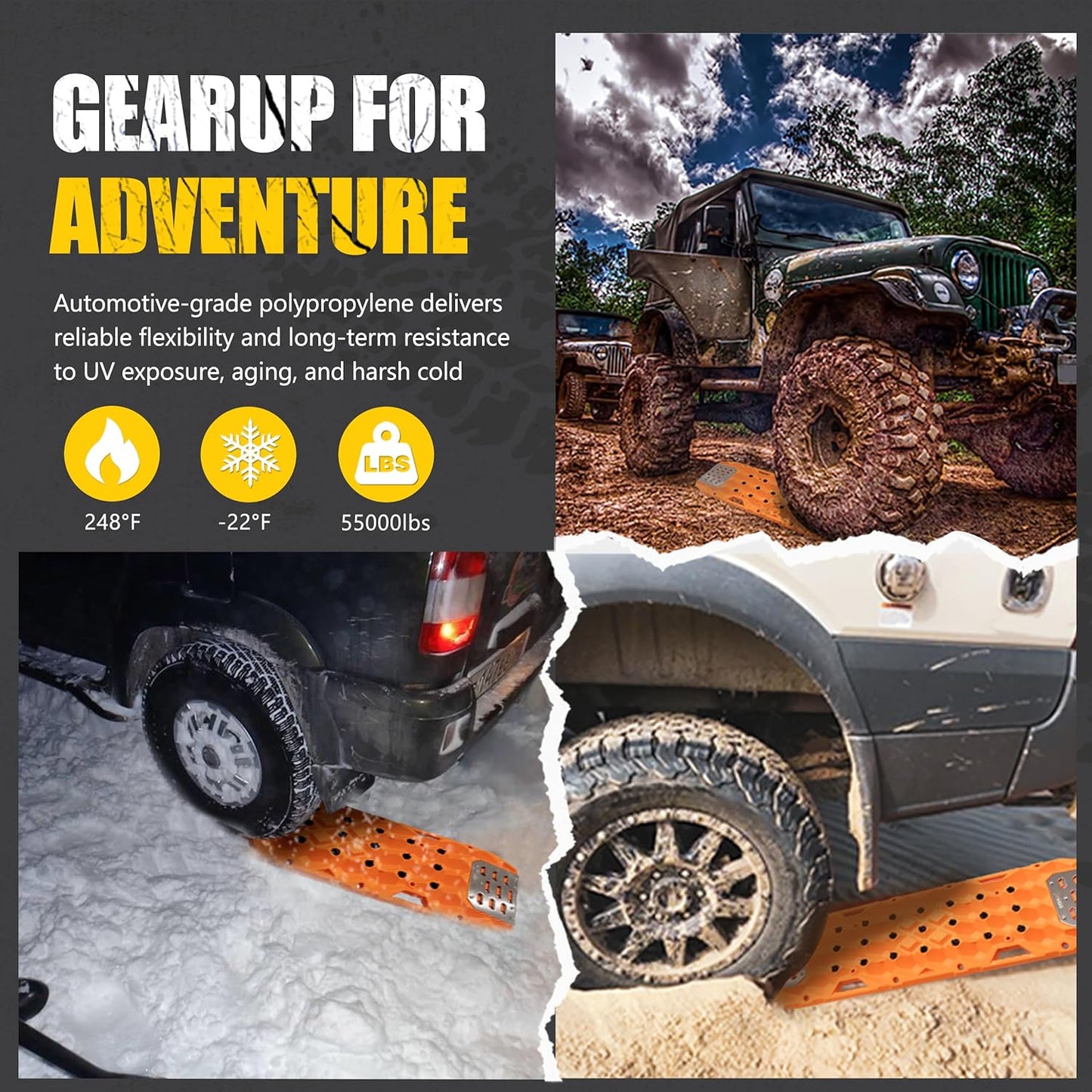 BUNKER INDUST Offroad Traction Board with Jack Base,Pair 47.24" L x 14" W Recovery Track Tire Traction Mat -Black Sand,Mud,Snow Ramps (Replaceable Dual Colors Teeth/Rugged Steel Plate) Gen 11th