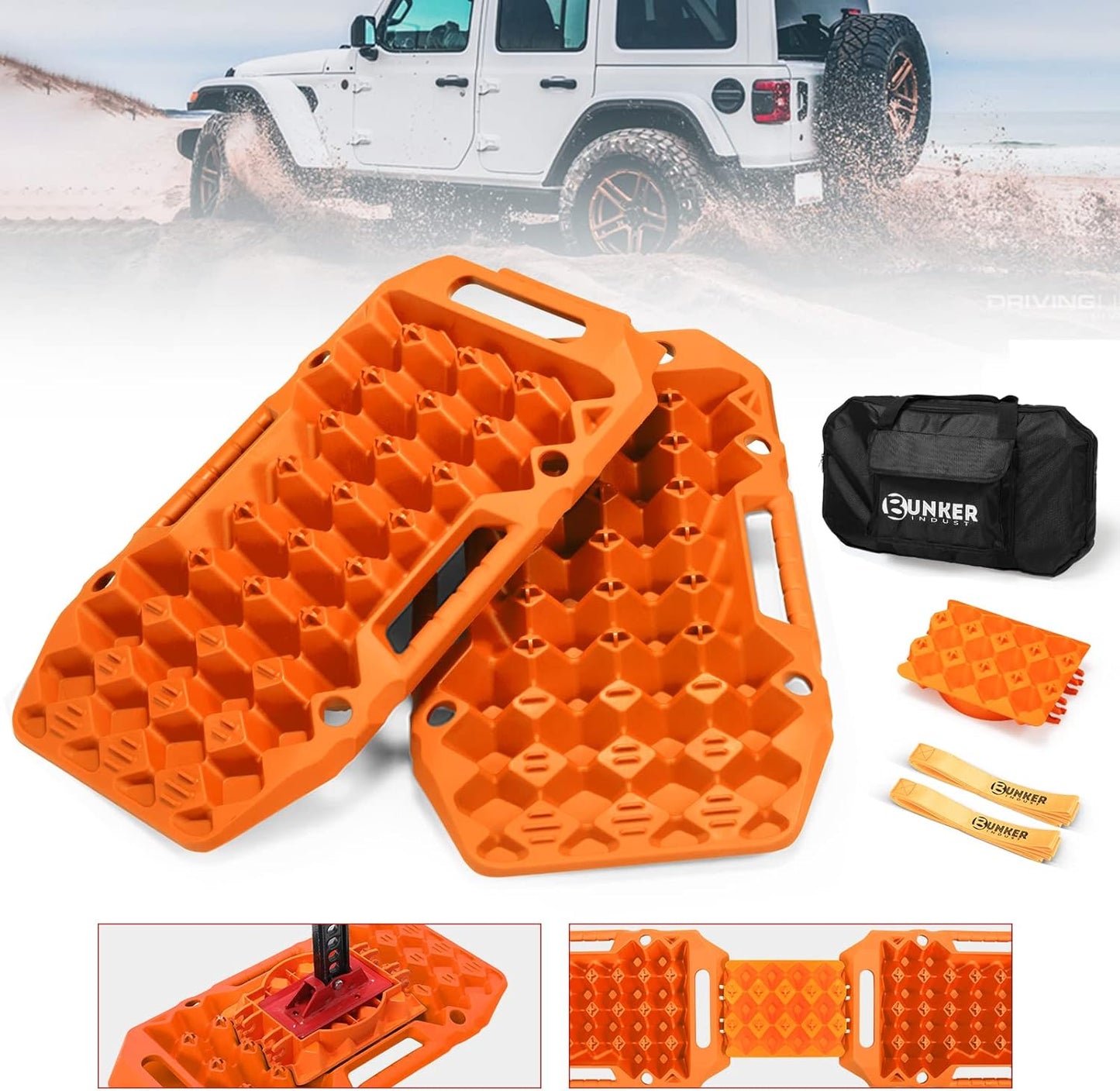 BUNKER INDUST Offroad Traction Boards with Jack Base,Multifunctional Extendable Recovery Track Tire Traction Mat Snow Mud Sand Tracks-4X4 ATV UTV SUV Truck Traction Pads with Bag, Black (Gen 8)