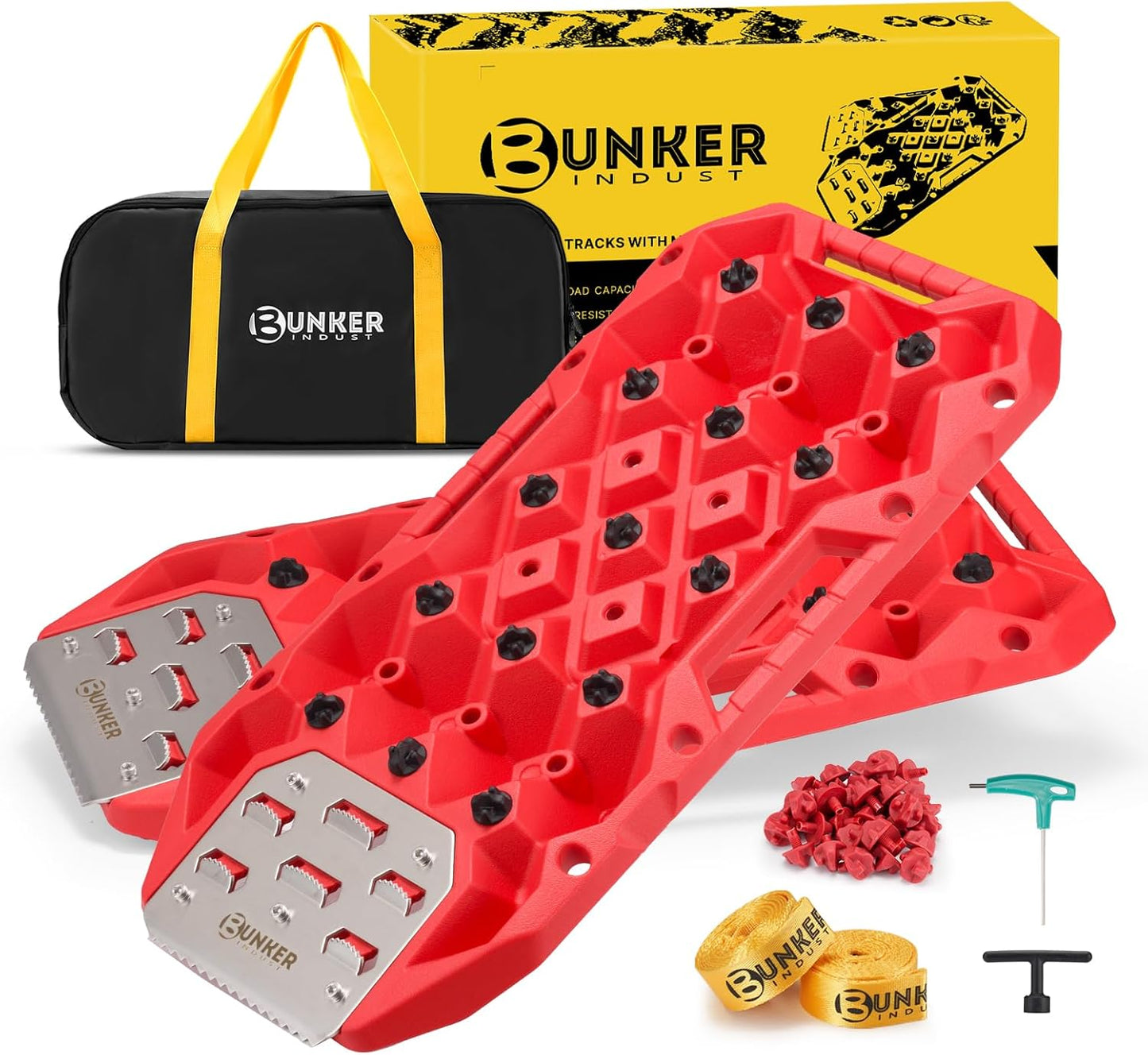 BUNKER INDUST Offroad Traction Boards with Jack Base, Pair Portable Recovery Track Tire Traction Mat - Black Sand,Mud,Snow Tracks(Replaceable Dual Colors Teeth/Rugged Steel Plate), Gen 12th