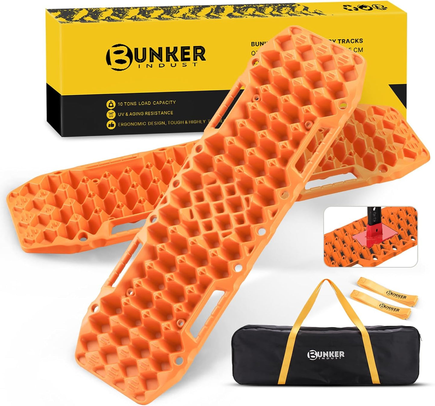 BUNKER INDUST Off-Road Traction Boards with Jack Base,Pair Recovery Track 4X4 Jeep Truck Emergency Tire Traction Mat with Bag -Sand, Mud, Snow Tracks Black Traction Pad (Gen 7th)