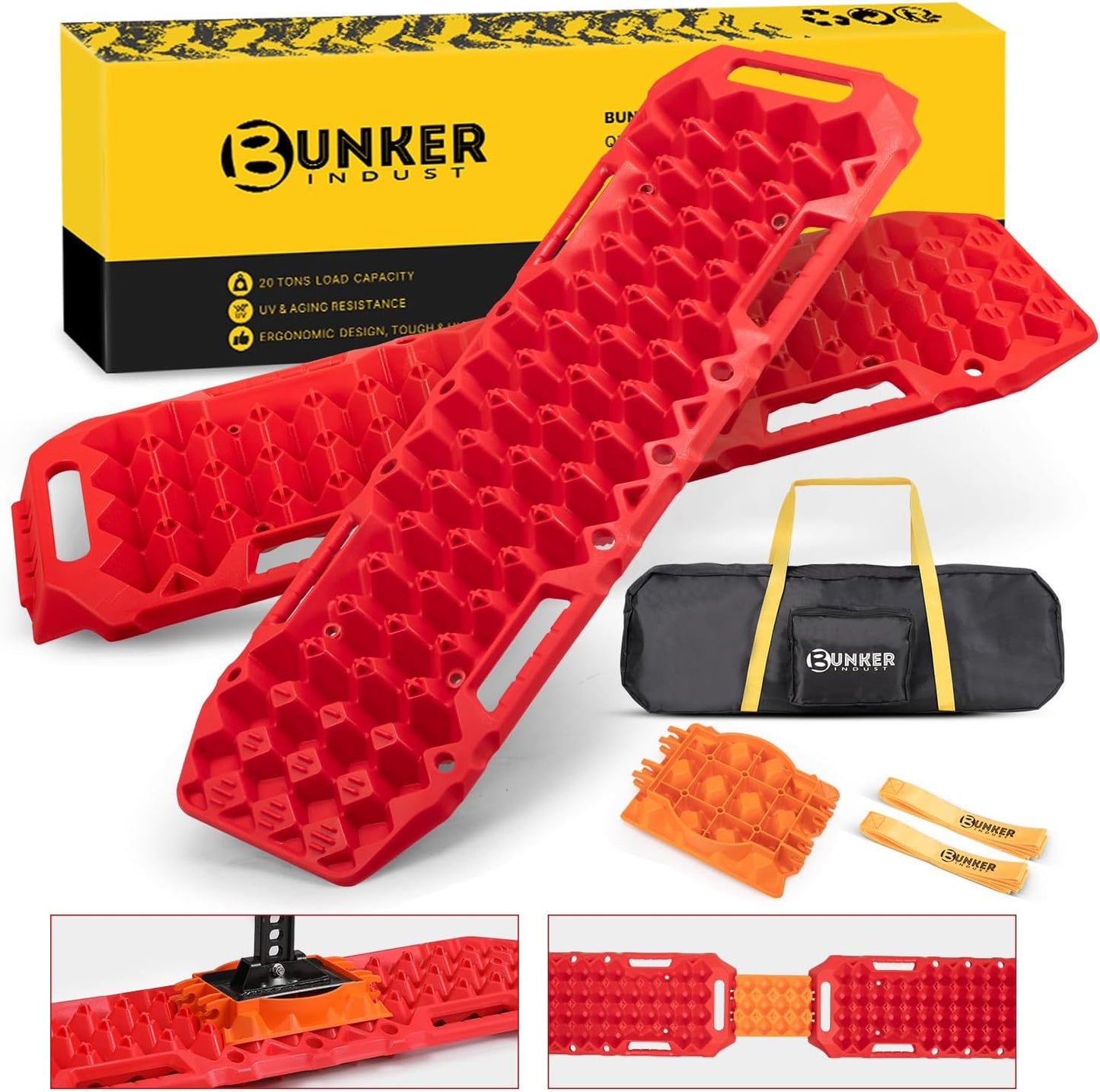 BUNKER INDUST Off-Road Traction Boards with Jack Lift Base,2 Pcs Multifunctional Recovery Track Ramp Traction Mat for 4WD UTV SUV Truck-Mud, Sand, Snow Tire Traction Devices Black with Carry Bag