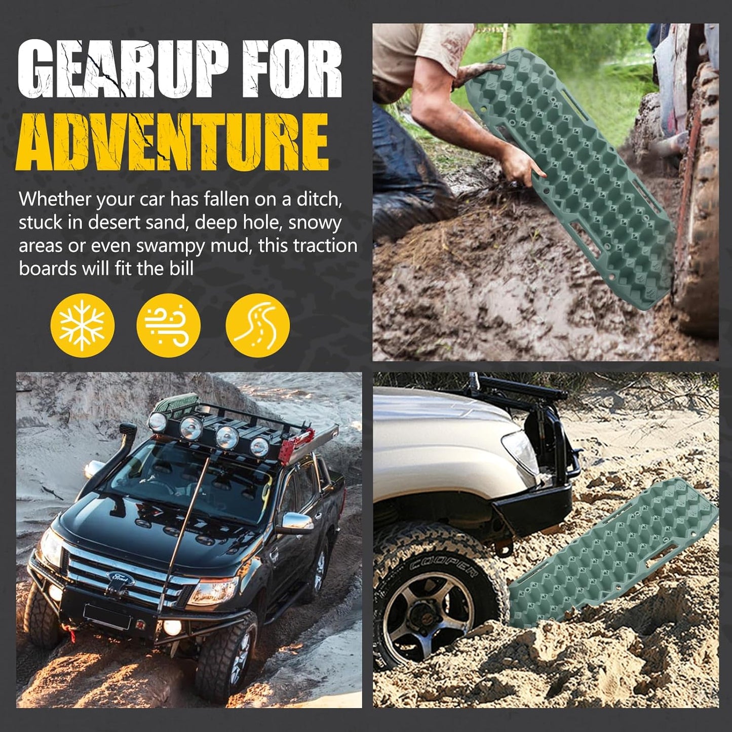 BUNKER INDUST Off Road Traction Boards, Pair Recovery Tracks Traction Mat for Vehicle Truck Jeep SUV, Mud, Snow, Sand Ramp-Orange Emergency Tire Traction Pads (Gen 10th)