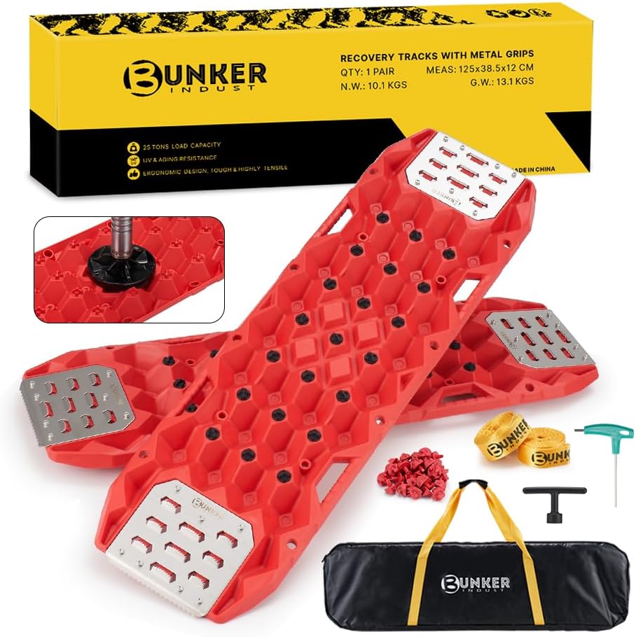 BUNKER INDUST Offroad Traction Board with Jack Base,Pair 47.24" L x 14" W Recovery Track Tire Traction Mat -Black Sand,Mud,Snow Ramps (Replaceable Dual Colors Teeth/Rugged Steel Plate) Gen 11th