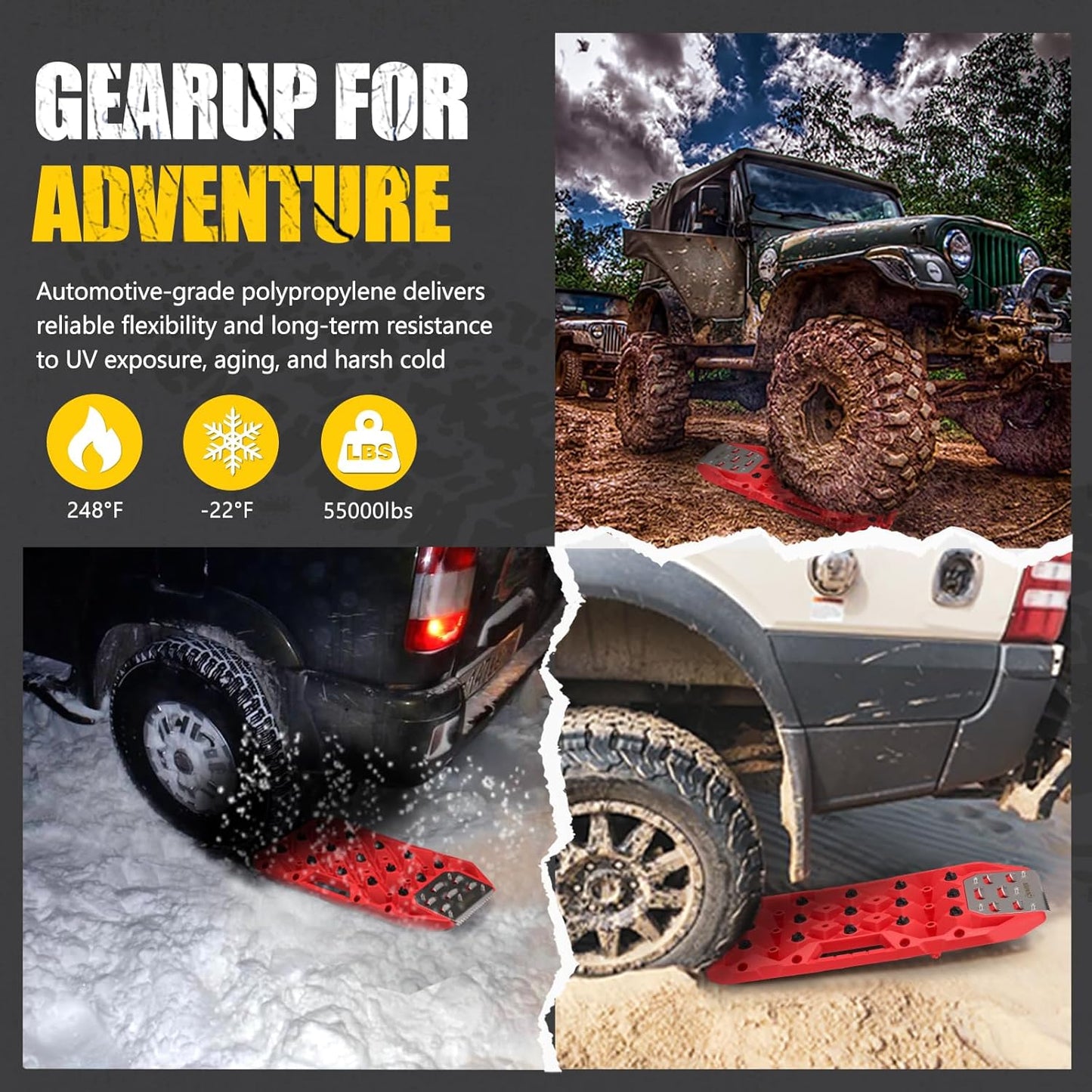BUNKER INDUST Offroad Traction Boards with Jack Base, Pair Portable Recovery Track Tire Traction Mat - Black Sand,Mud,Snow Tracks(Replaceable Dual Colors Teeth/Rugged Steel Plate), Gen 12th