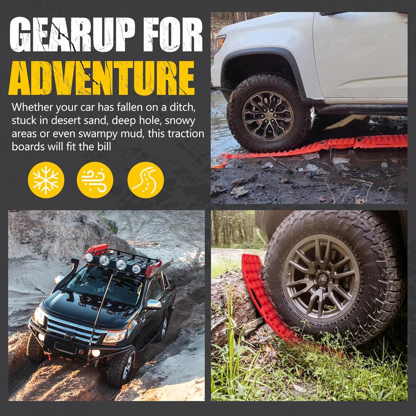 BUNKER INDUST Off-Road Traction Boards with Jack Lift Base,2 Pcs Multifunctional Recovery Track Ramp Traction Mat for 4WD UTV SUV Truck-Mud, Sand, Snow Tire Traction Devices Black with Carry Bag