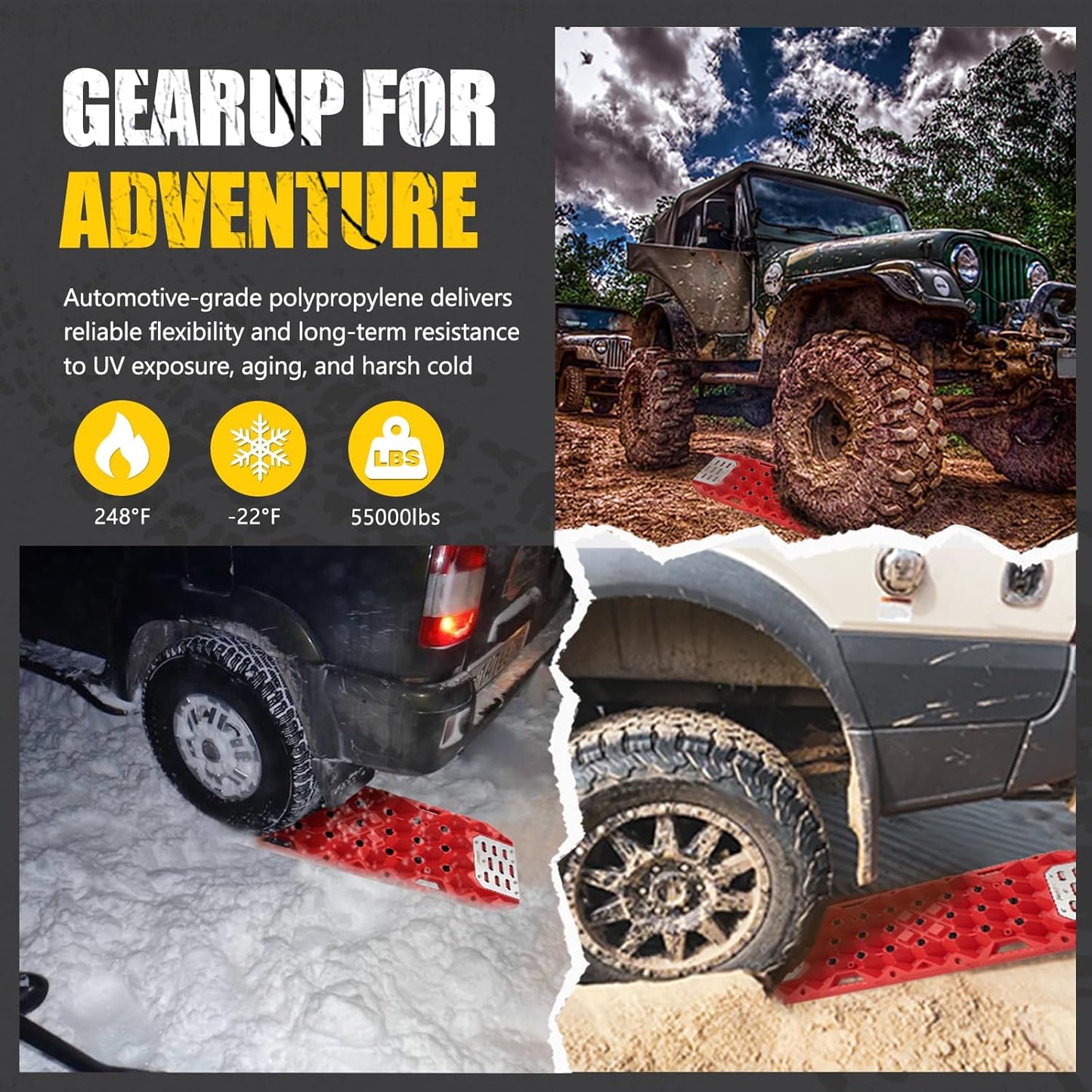 BUNKER INDUST Offroad Traction Board with Jack Base,Pair 47.24" L x 14" W Recovery Track Tire Traction Mat -Black Sand,Mud,Snow Ramps (Replaceable Dual Colors Teeth/Rugged Steel Plate) Gen 11th