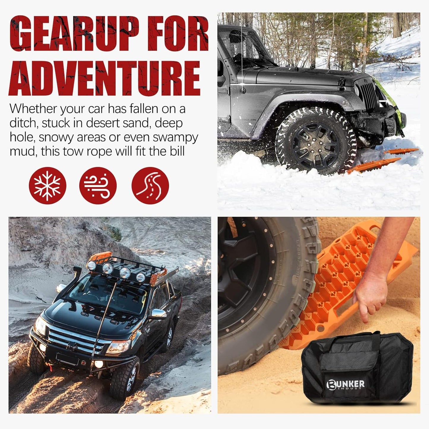 BUNKER INDUST Offroad Traction Boards with Jack Base,Multifunctional Extendable Recovery Track Tire Traction Mat Snow Mud Sand Tracks-4X4 ATV UTV SUV Truck Traction Pads with Bag, Black (Gen 8)