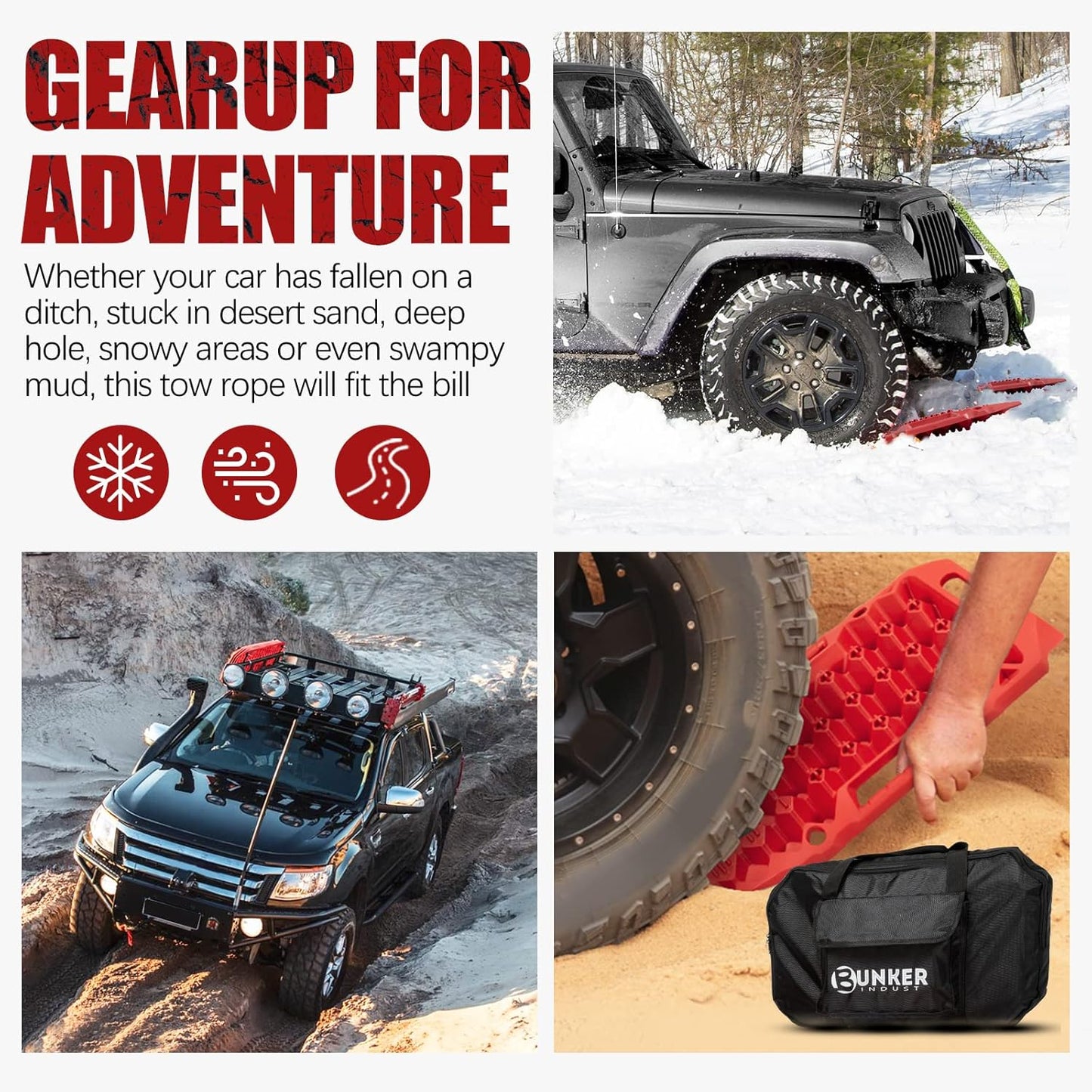 BUNKER INDUST Offroad Traction Boards with Jack Base,Multifunctional Extendable Recovery Track Tire Traction Mat Snow Mud Sand Tracks-4X4 ATV UTV SUV Truck Traction Pads with Bag, Black (Gen 8)