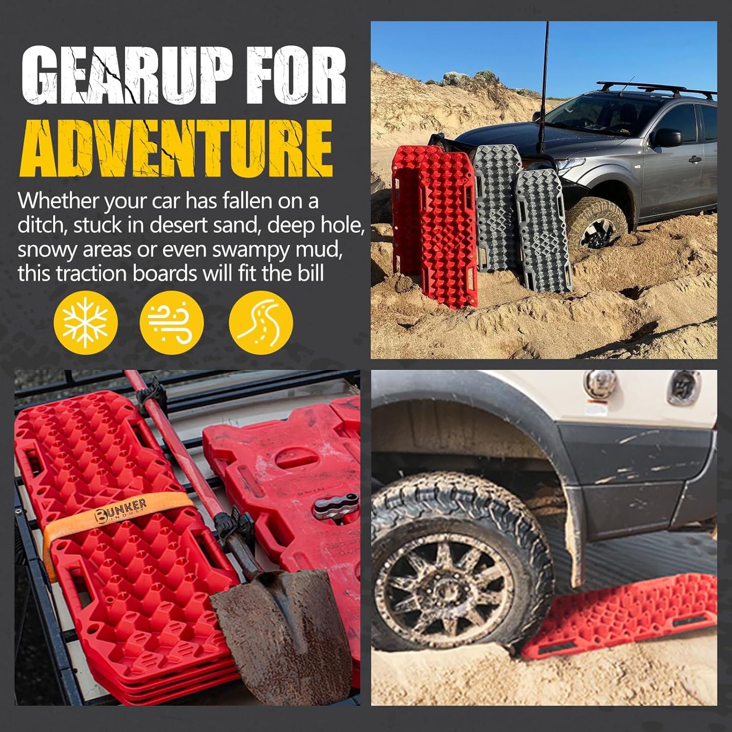 BUNKER INDUST Off-Road Traction Boards with Jack Base,Pair Recovery Track 4X4 Jeep Truck Emergency Tire Traction Mat with Bag -Sand, Mud, Snow Tracks Black Traction Pad (Gen 7th)