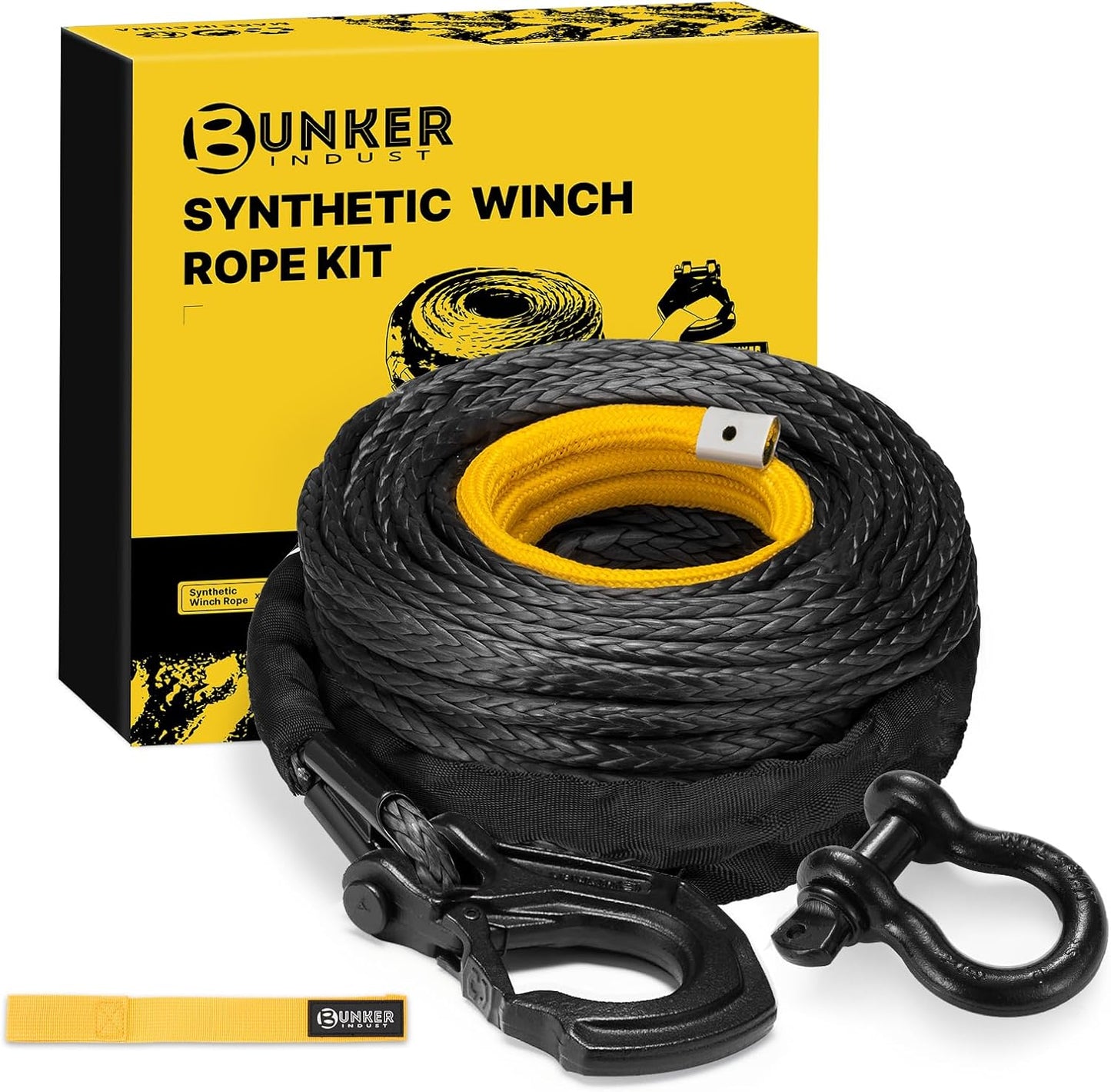BUNKER INDUST Synthetic Winch Rope + D-Ring Shackle + Winch Hook,100ft x 3/8" 26500Lbs Winch Cable Replacement Kit with Protective Sleeve for Truck, Jeep Off-Road Recovery