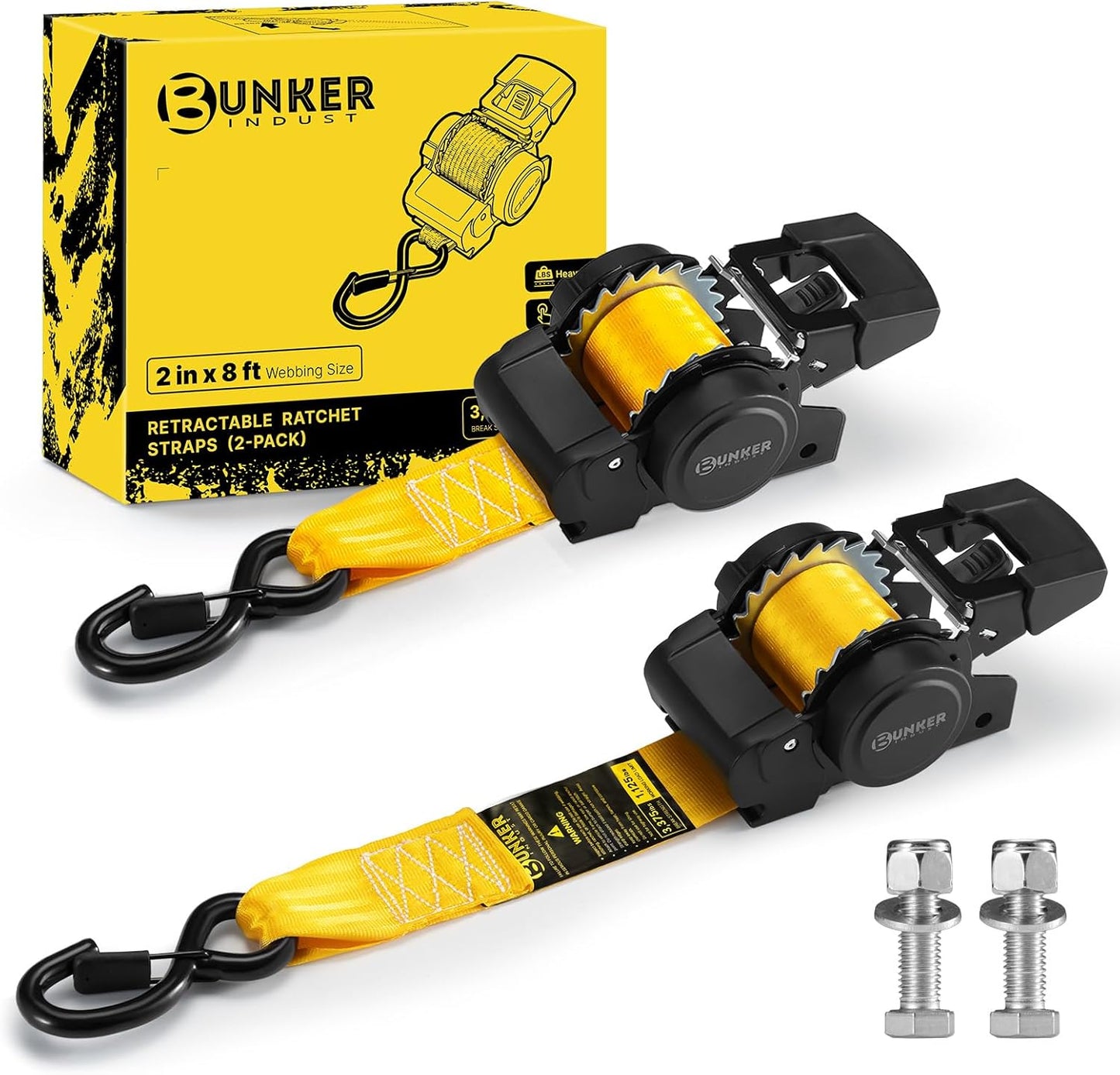 BUNKER INDUST Retractable Ratchet Straps 2" x 8', 2 Pack Bolt-On Tie Down Straps with Safety S-Hooks, Auto Self-Retracting Cargo Straps 3,375 lbs Break Strength for Boat, Trailer, Truck, ATV, UTV