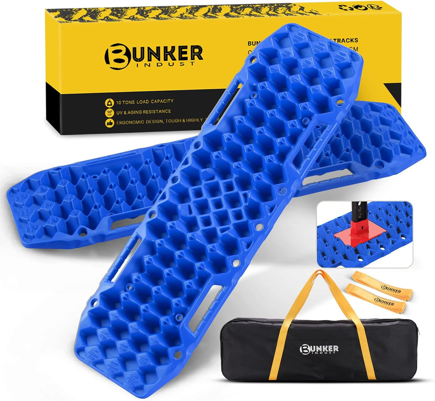 BUNKER INDUST Off-Road Traction Boards with Jack Base,Pair Recovery Track 4X4 Jeep Truck Emergency Tire Traction Mat with Bag -Sand, Mud, Snow Tracks Blue Traction Pad (Gen 7th)