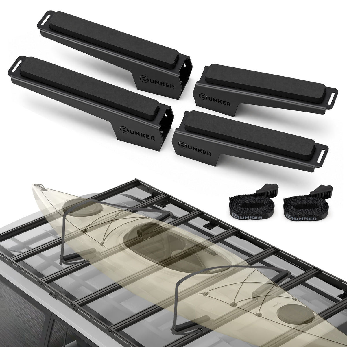 BUNKER INDUST Kayak Roof Rack Saddles, 4-Pcs Stainless Steel Kayak Carrier for Slotted Roof Platforms, EVA Padding & Tie-Down Straps, 110 lbs Capacity for Kayak Canoe SUP Surfboard, Black