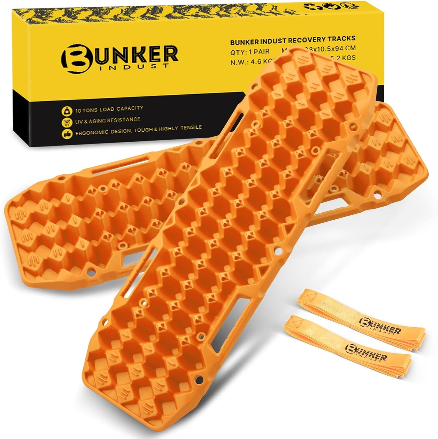 BUNKER INDUST Off Road Traction Boards, Pair Recovery Tracks Traction Mat for Vehicle Truck Jeep SUV, Mud, Snow, Sand Ramp-Orange Emergency Tire Traction Pads (Gen 10th)