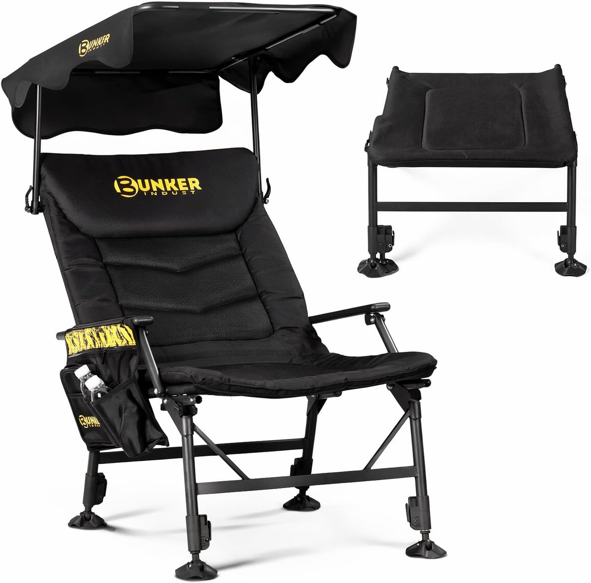 BUNKER INDUST Foldable Camping Chair with Canopy and Extended Footrest, Adjustable Backrest & Legs, Supports 330 Lbs, Portable Folding Outdoor Chair with Shade for Beach Camping Fishing RV Lake