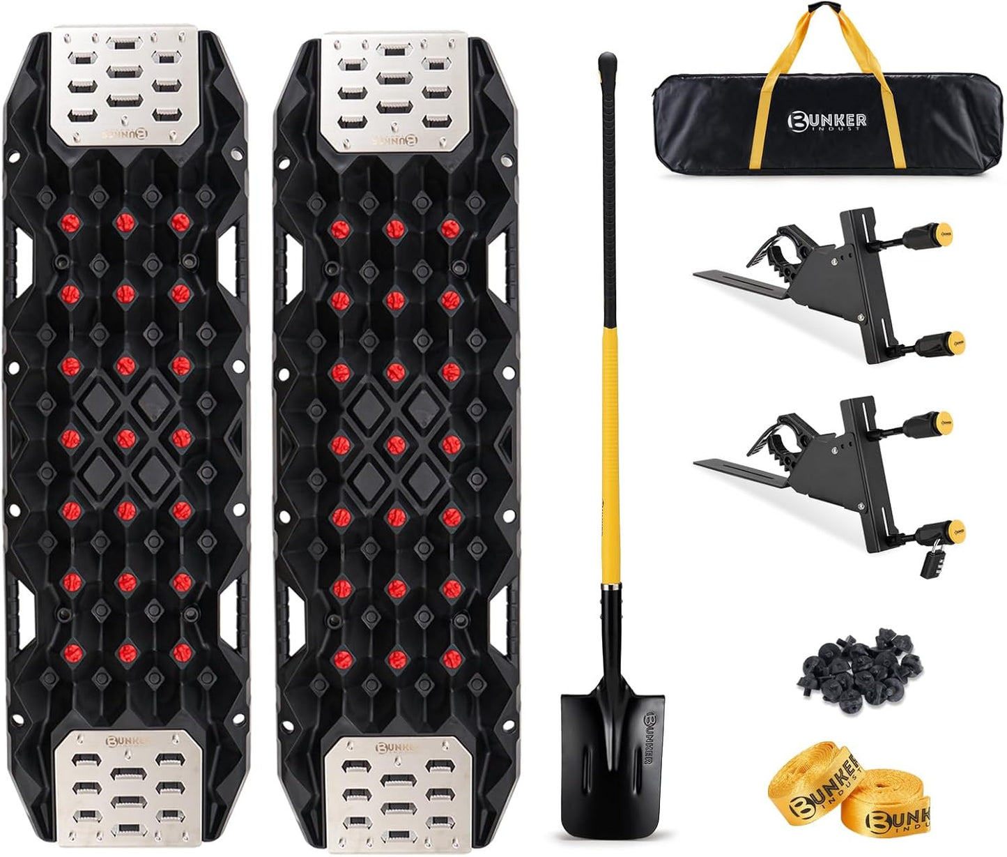 BUNKER INDUST Traction Board Recovery Kit, 2 Pcs Gen 11 Recovery Track with Carry Bag, Side Mount Bracket Kit with Lock, 1 Pcs 59 inch Square Shovel for Garden,Digging,Camping, 4x4 Off-Road