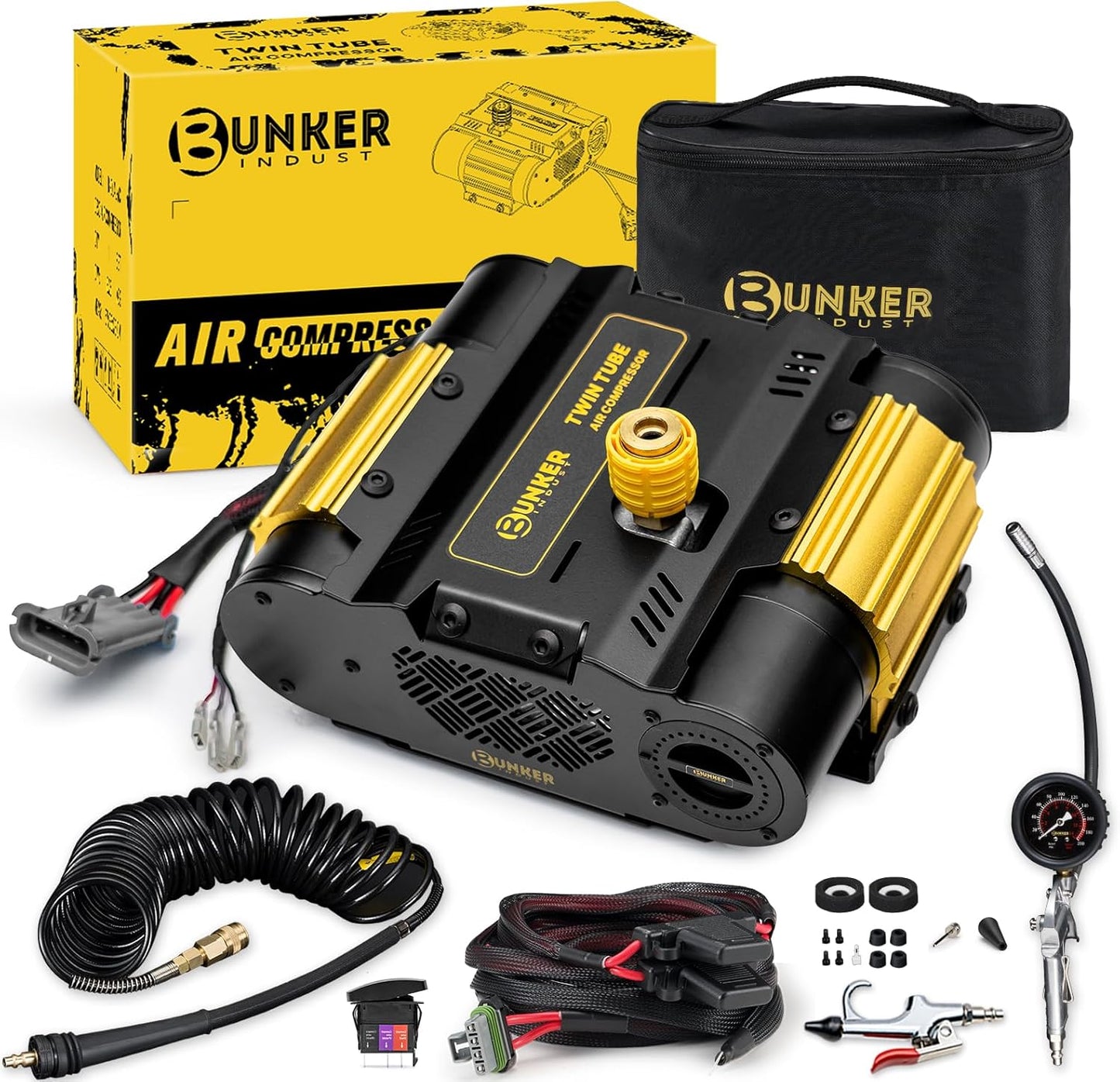 BUNKER INDUST 12V Twin Motor Air Compressor Offroad On-Board Air Pump Tire Inflator with Pressure Gauge Max 150 PSI for 4x4 Vehicle Tires