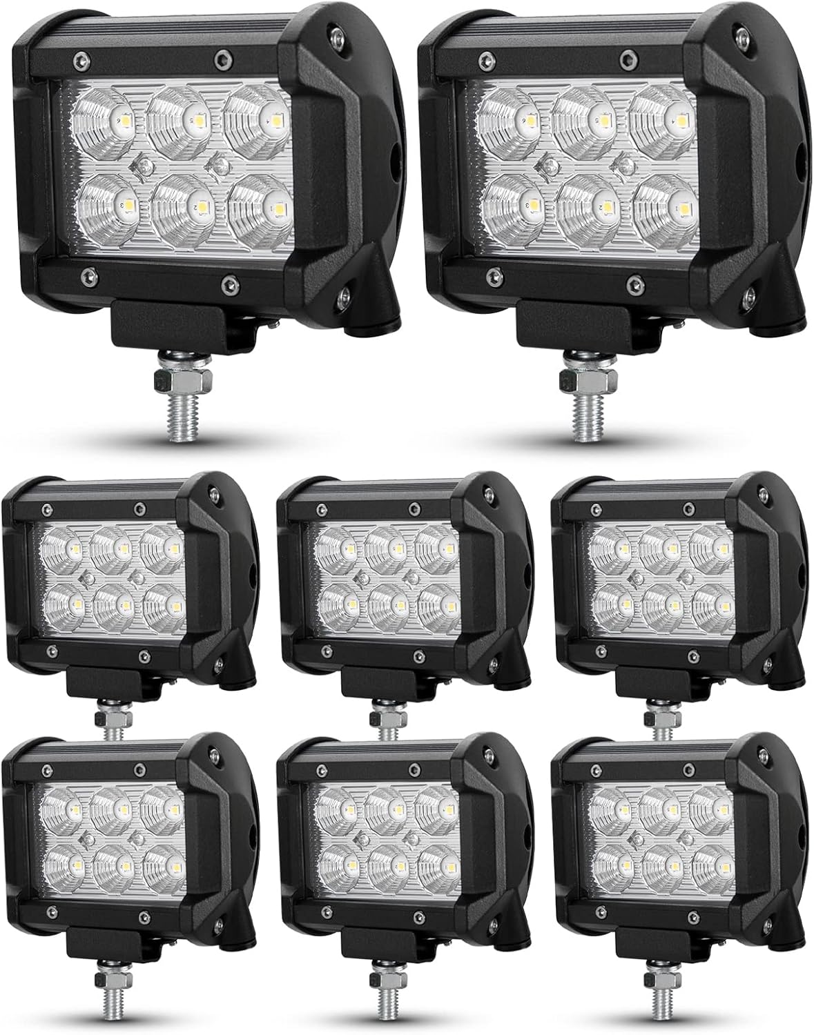 BUNKER INDUST 8Pcs 18W LED Light Pods 4 Inch Flood Beam Cube Work Lights Off Road Driving LED bars for Trucks Tractor UTV ATV Marine Golf Cart