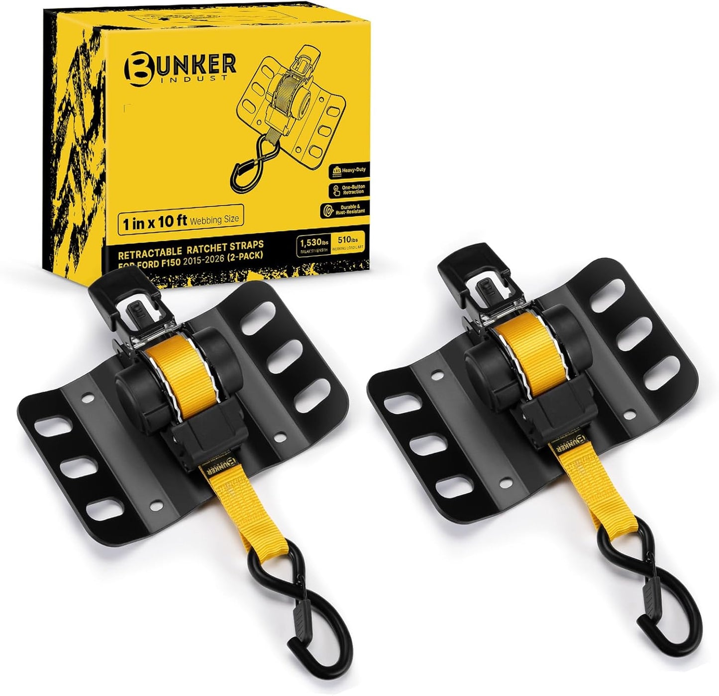 BUNKER INDUST Retractable Ratchet Straps for Ford F-150 2015-2026, 1" x 10' Truck Bed Tie Downs, 2 Pack Bolt-On Heavy Duty Cargo Straps, 1530 LBS Break Strength Auto Retracting Ratchet Straps