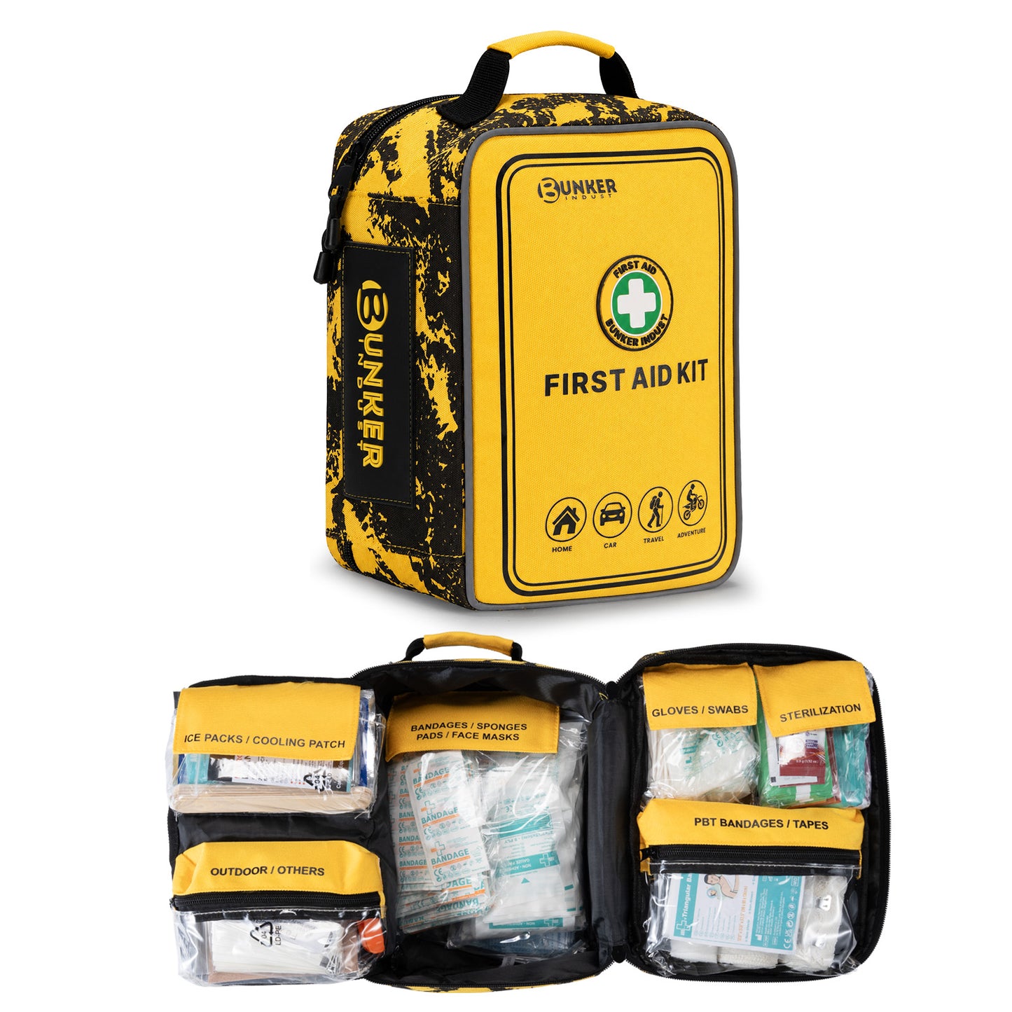 BUNKER INDUST 520 Piece All-in-One First Aid Kit, Emergency Storage Bag with Transparent Labeled Pockets, Durable 1000D Polyester Outdoor Gear for Vehicle Camping Backpacking Hiking Home Road Trip