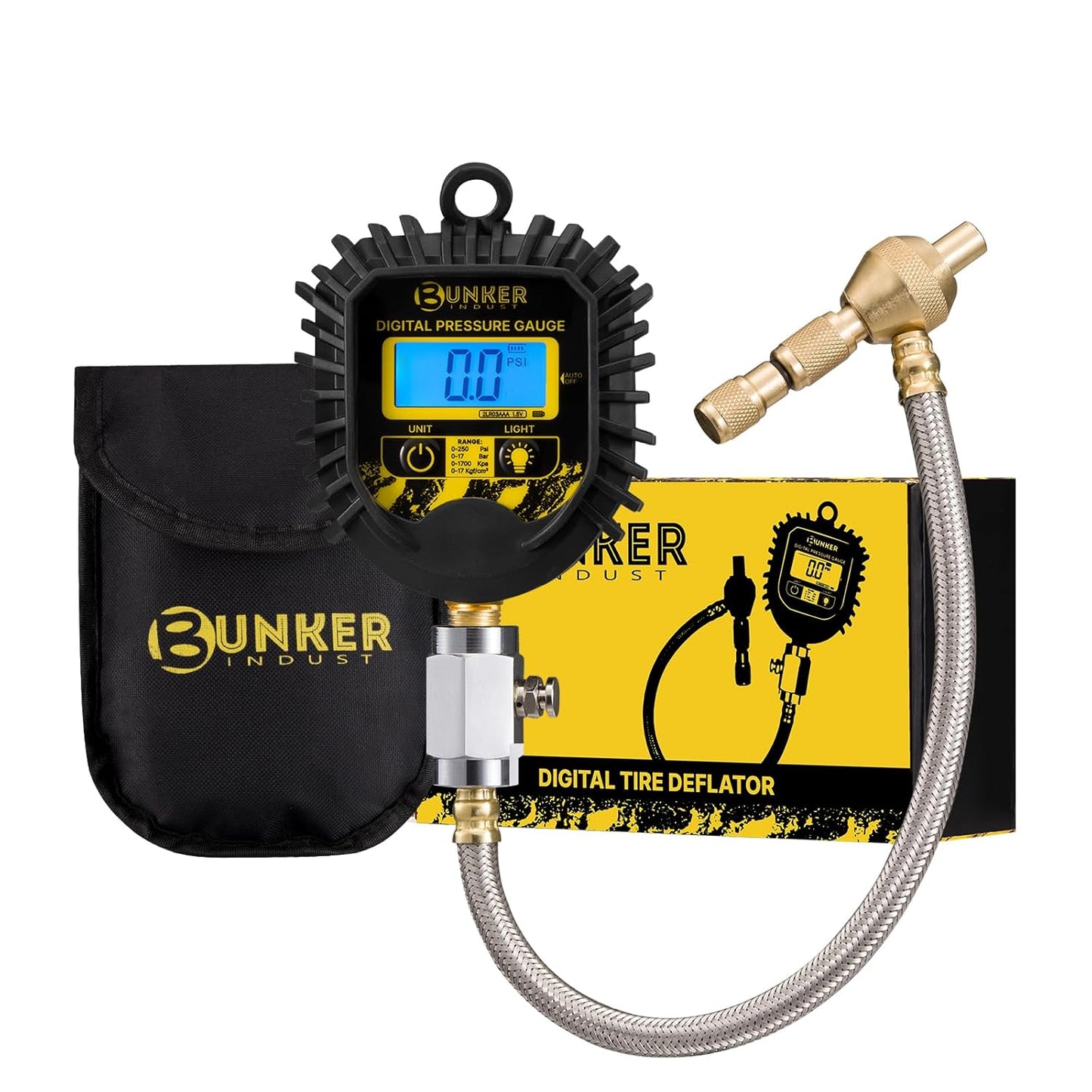 BUNKER INDUST Digital Tire Pressure Gauge, 0-250 PSI Heavy Duty Air Guage for car, Truck, and Off-Road Vehicle- Reliable Accuracy-Backlit LCD Display, Tire Deflator with Built-in Top Light