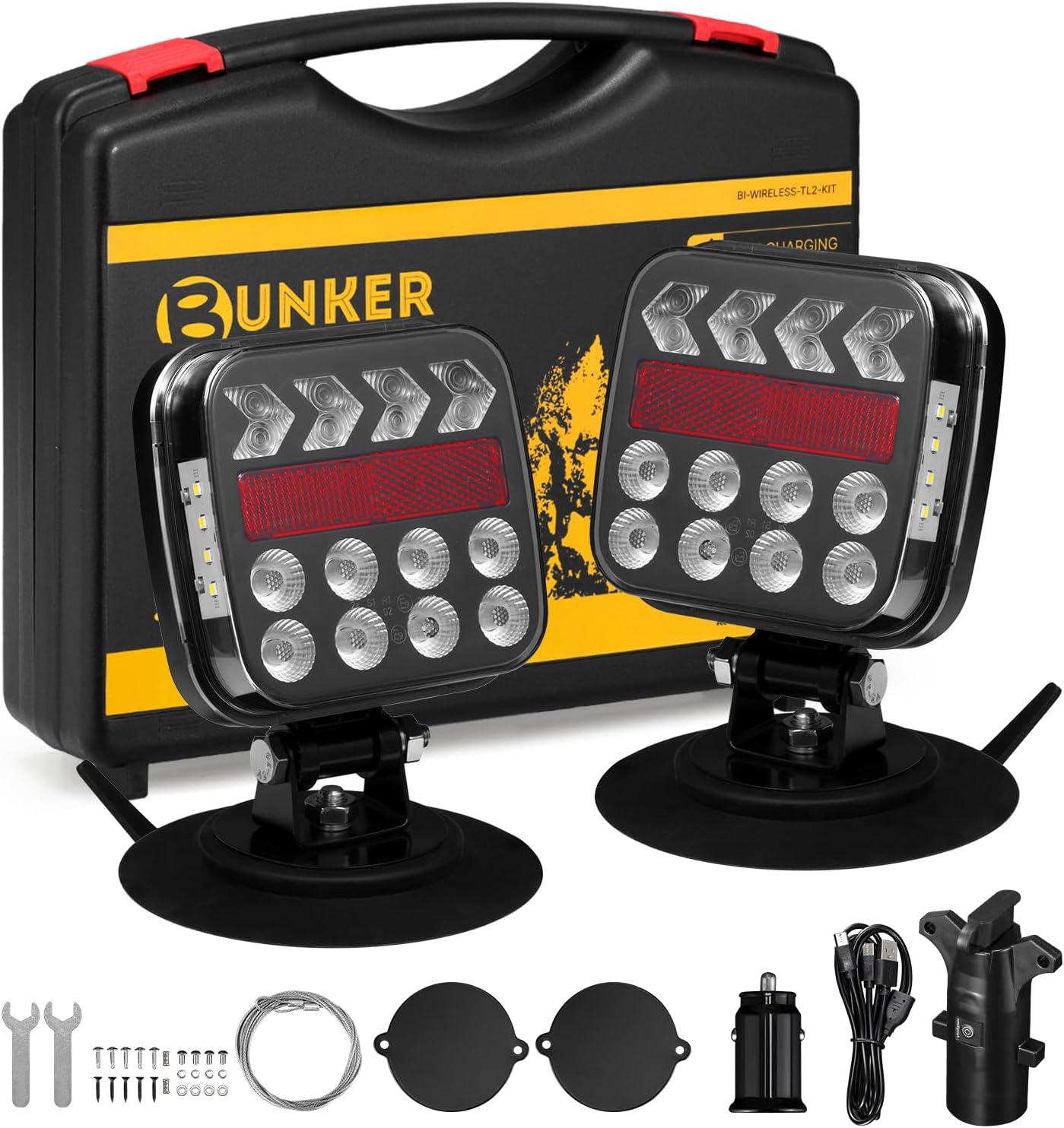BUNKER INDUST Wireless Trailer Lights Kit, Adjustable Magnetic Towing Lights with Brake Turn Reverse Strobe Side Number Plate Light for Trucks, Boat, RV, Vehicle, Caravan