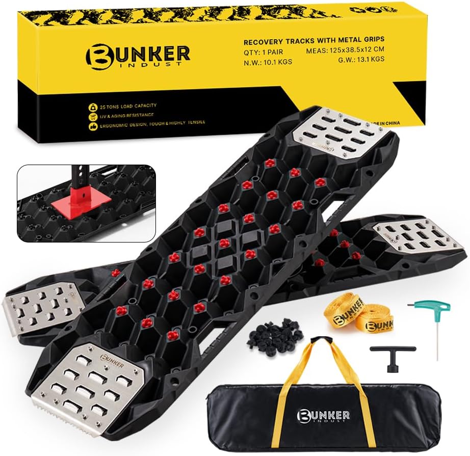 BUNKER INDUST Offroad Traction Board with Jack Base,Pair 47.24" L x 14" W Recovery Track Tire Traction Mat -Black Sand,Mud,Snow Ramps (Replaceable Dual Colors Teeth/Rugged Steel Plate) Gen 11th
